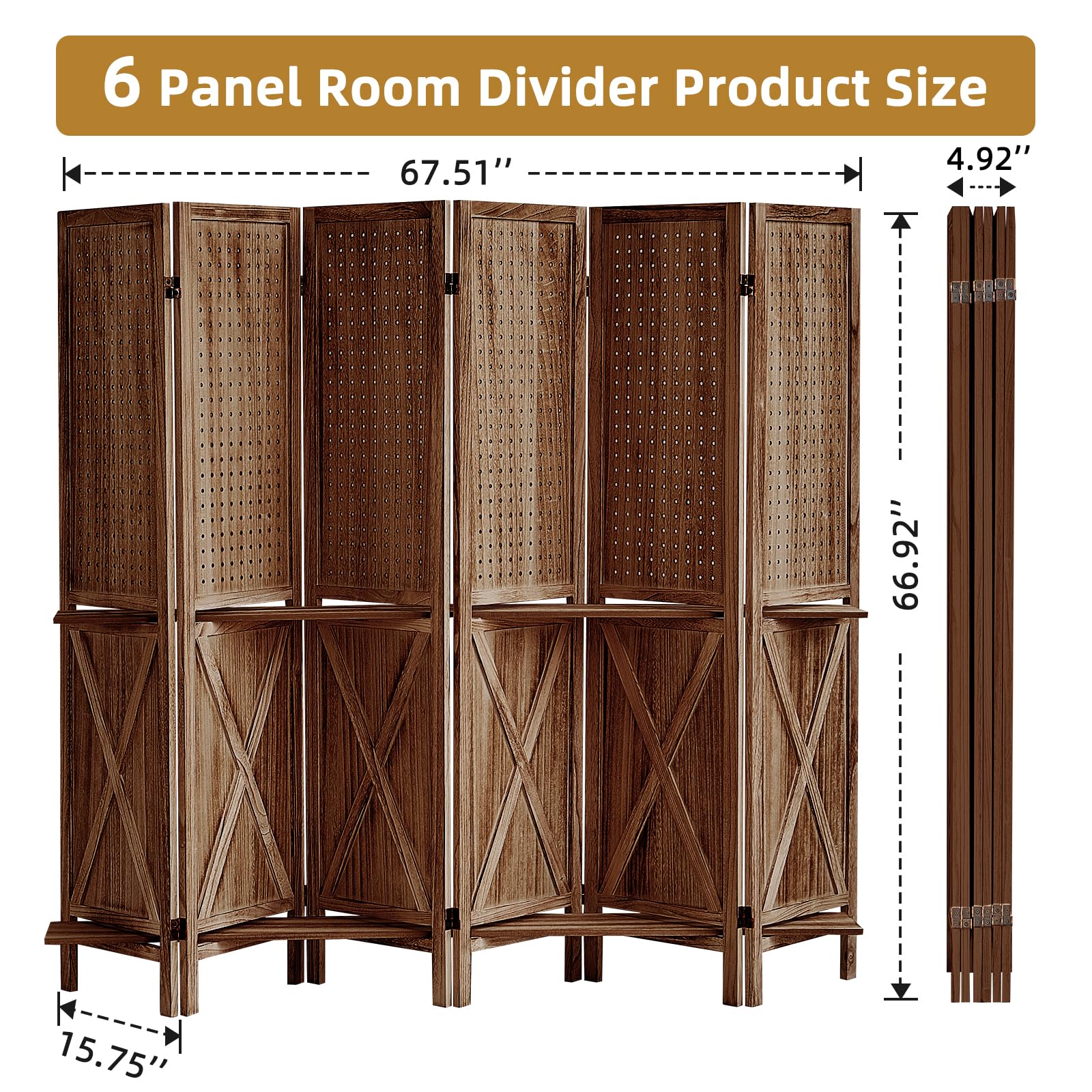 6 Panel Solid Wood Room Divider with Shelves & Pegboard - 5.6Ft Freestanding Display Organizer with 24 Hooks - Multi-Purpose Wall Organizer for Craft Shows, Jewelry Stores, Retail Boutiques & Clothing Displays - Perfect for Home Office, Trade Shows & Store Displays (Brown)