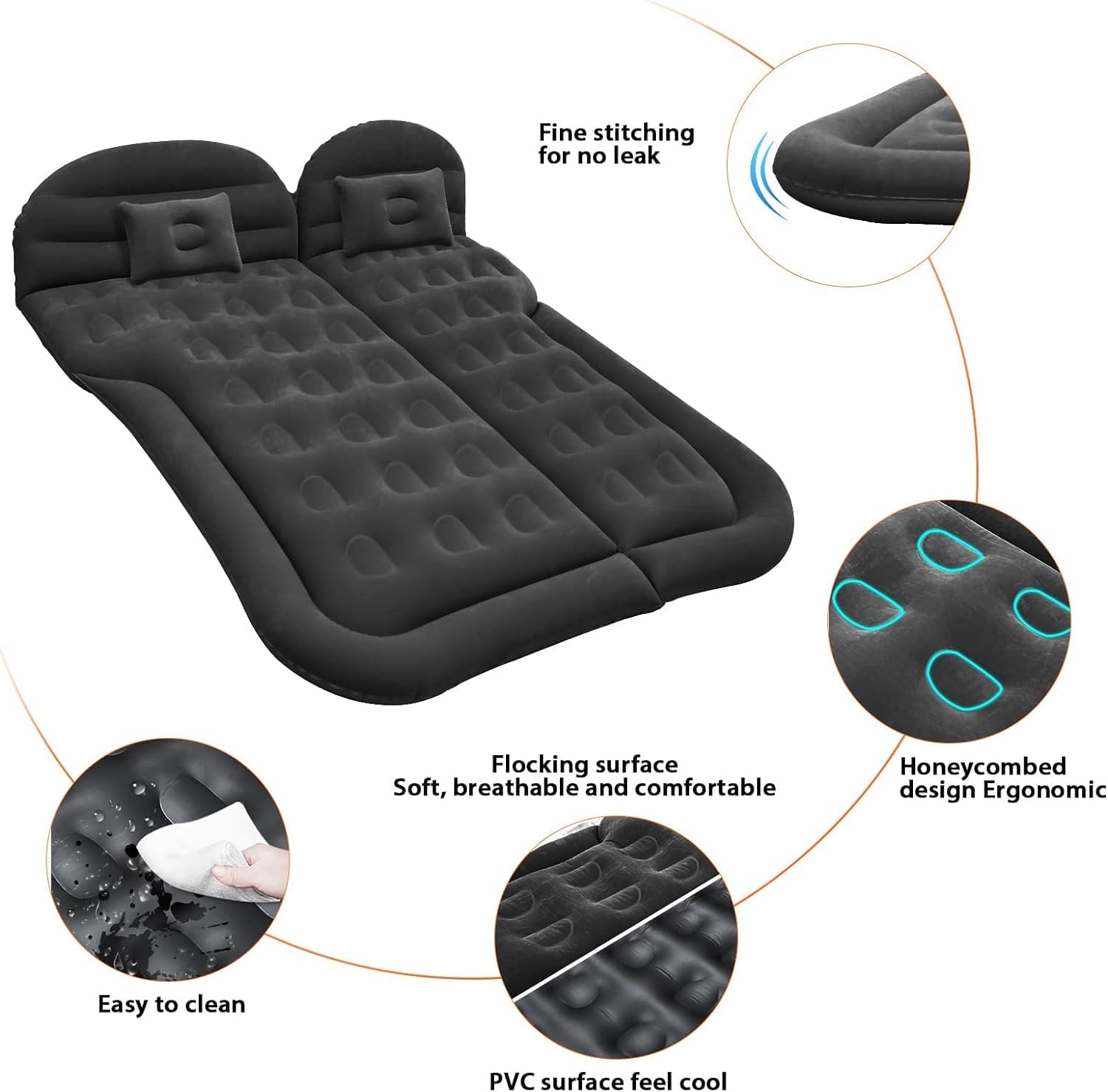 Vikuces® SUV Air Mattress - Full Size Inflatable Car Camping Bed for Back Seat with Built-in Pump & 2 Pillows | Thickened Travel Sleeping Pad for Road Trips, Camping & Outdoor Adventures (Black)
