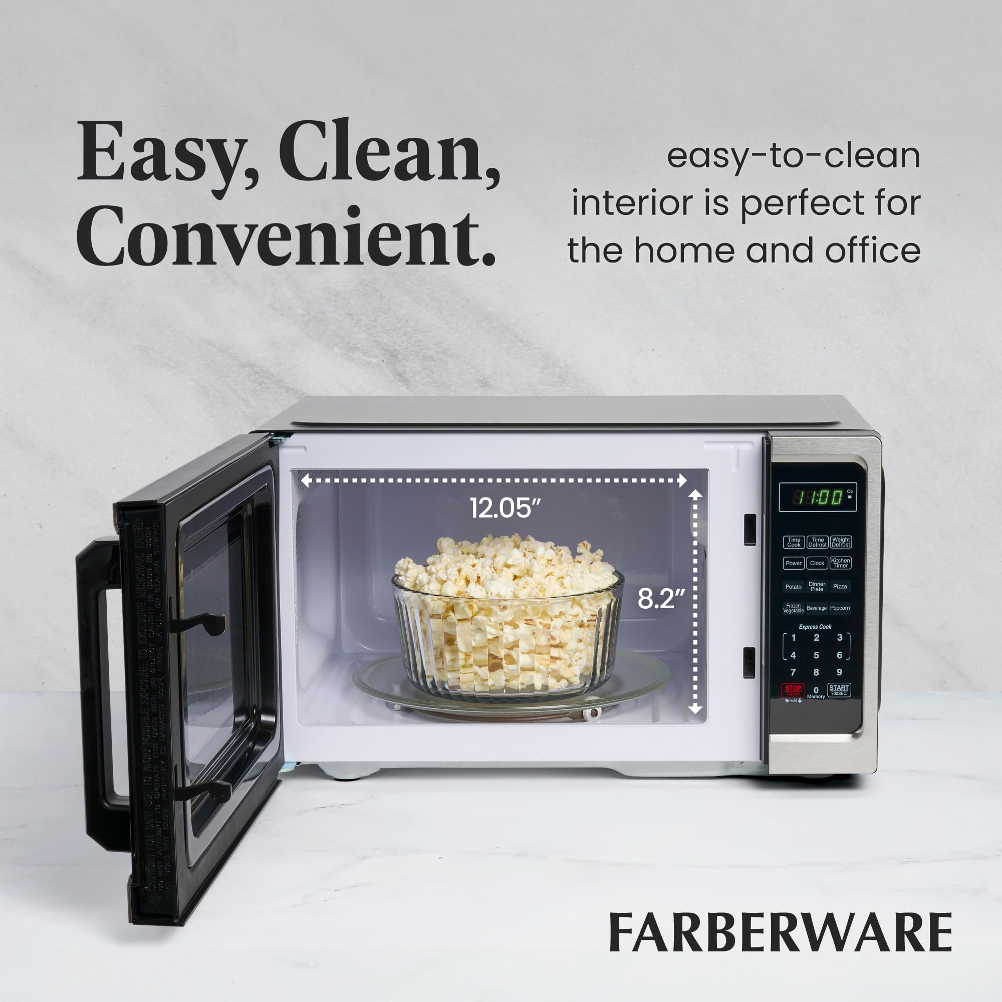 Farberware 0.9 Cu. Ft. 900W Countertop Microwave Oven with LED Lighting & Child Safety Lock - Stainless Steel Interior for Easy Cleaning - Compact Microwave Perfect for Small Kitchens, Apartments, Dorms & Office Break Rooms