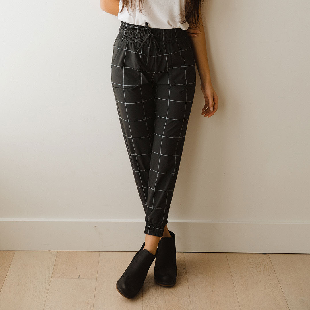 Destination Joggers for Men - Stylish Black Windowpane Pattern Lounge Pants - Perfect for Home Relaxation, Casual Outings & Travel