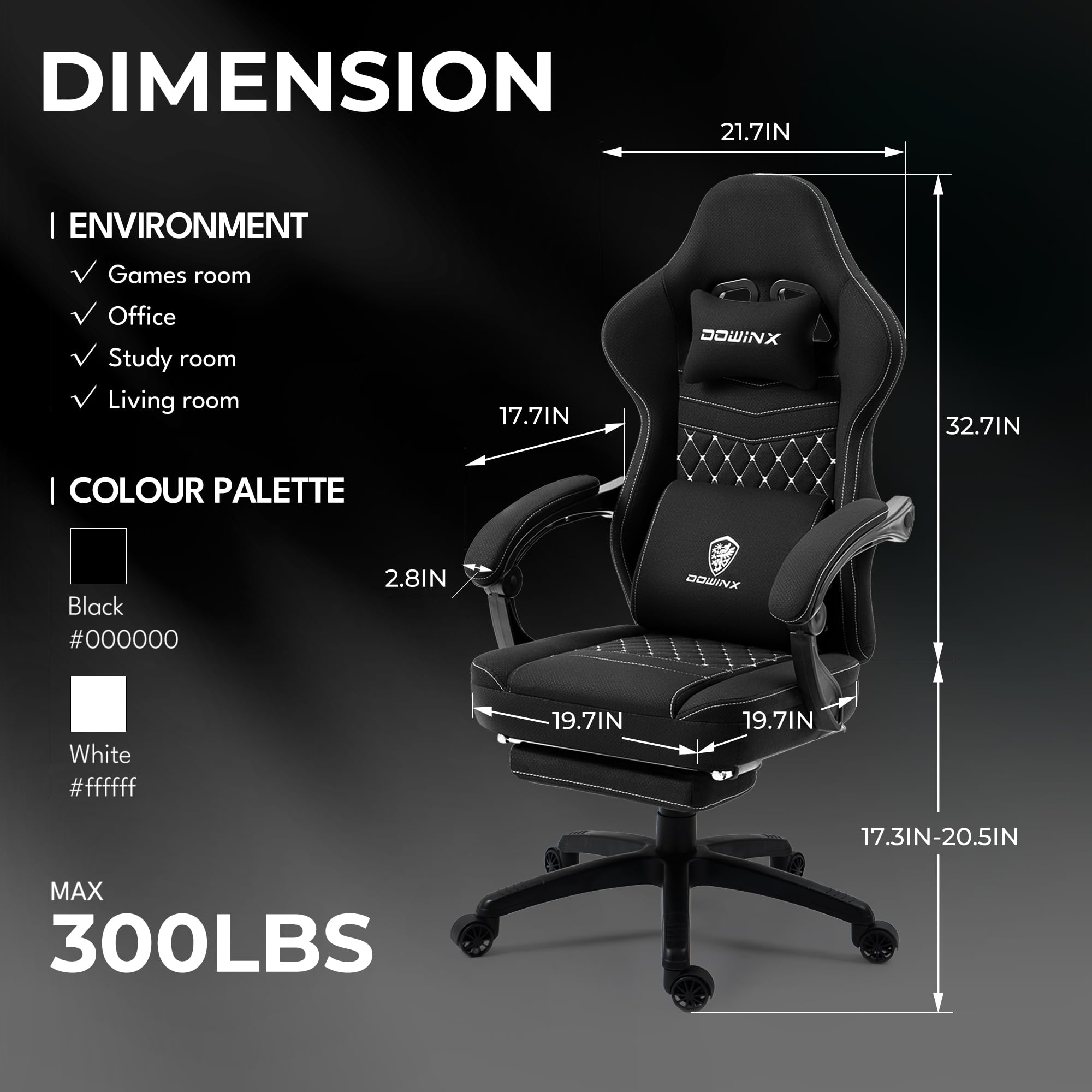 Dowinx Ergonomic Gaming Chair with Breathable Fabric & Pocket Spring Cushion - Comfortable Office Chair with Gel Seat Pad, Massage Function & Footrest - Perfect for PC Gaming, Home Office & Streaming Setup (Black)