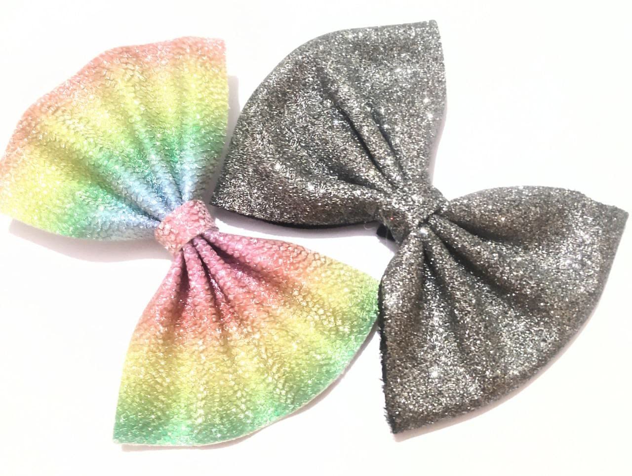 BRIKSHI Large Glitter Hair Bows for Girls & Women - Elegant Silk French Bow Hair Clips (2-Pack, Multi & Black) - Perfect for Parties, Weddings & Daily Fashion Accessories