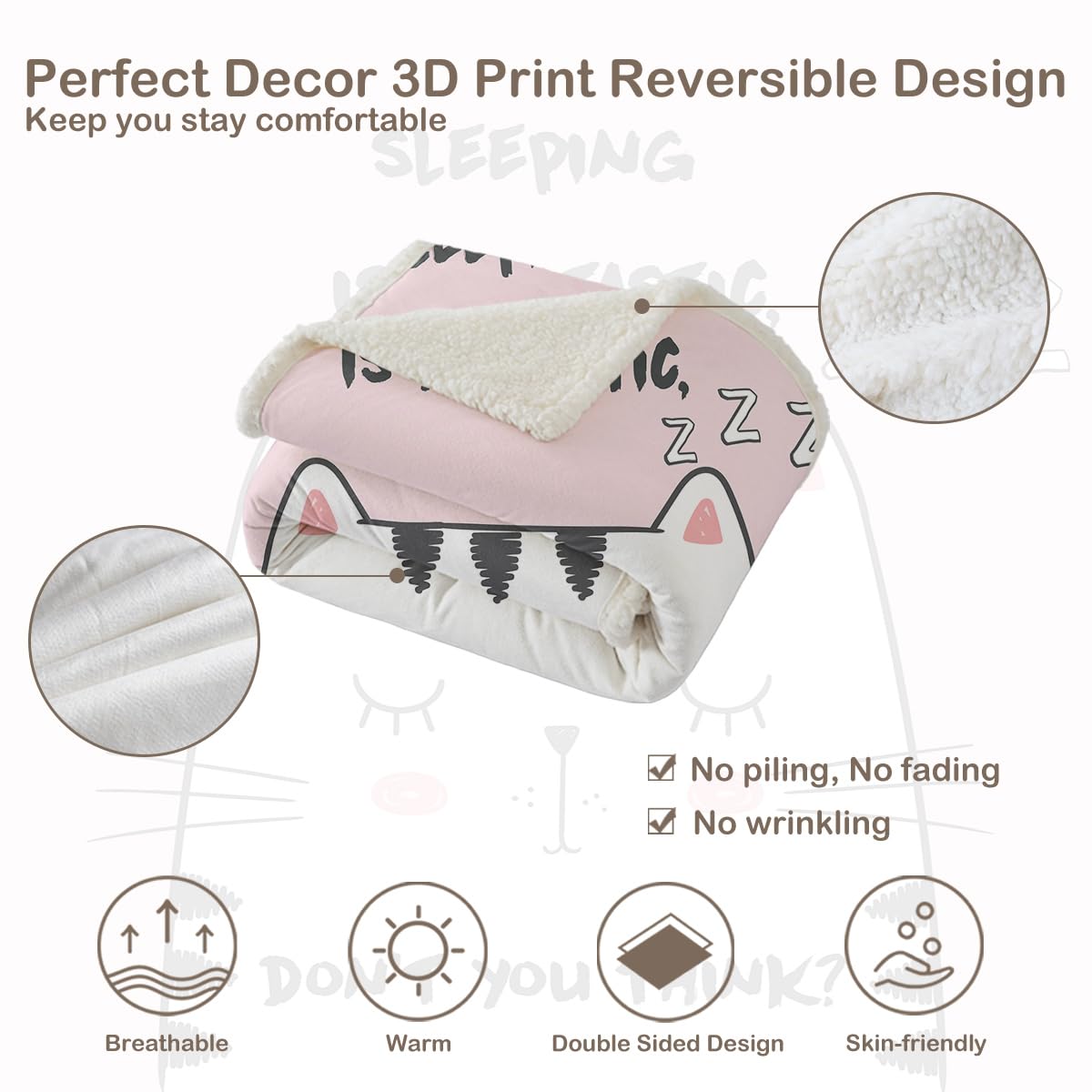 Soft Pink Sherpa Fleece Throw Blanket with White Cat Design - Cozy Twin Size (60