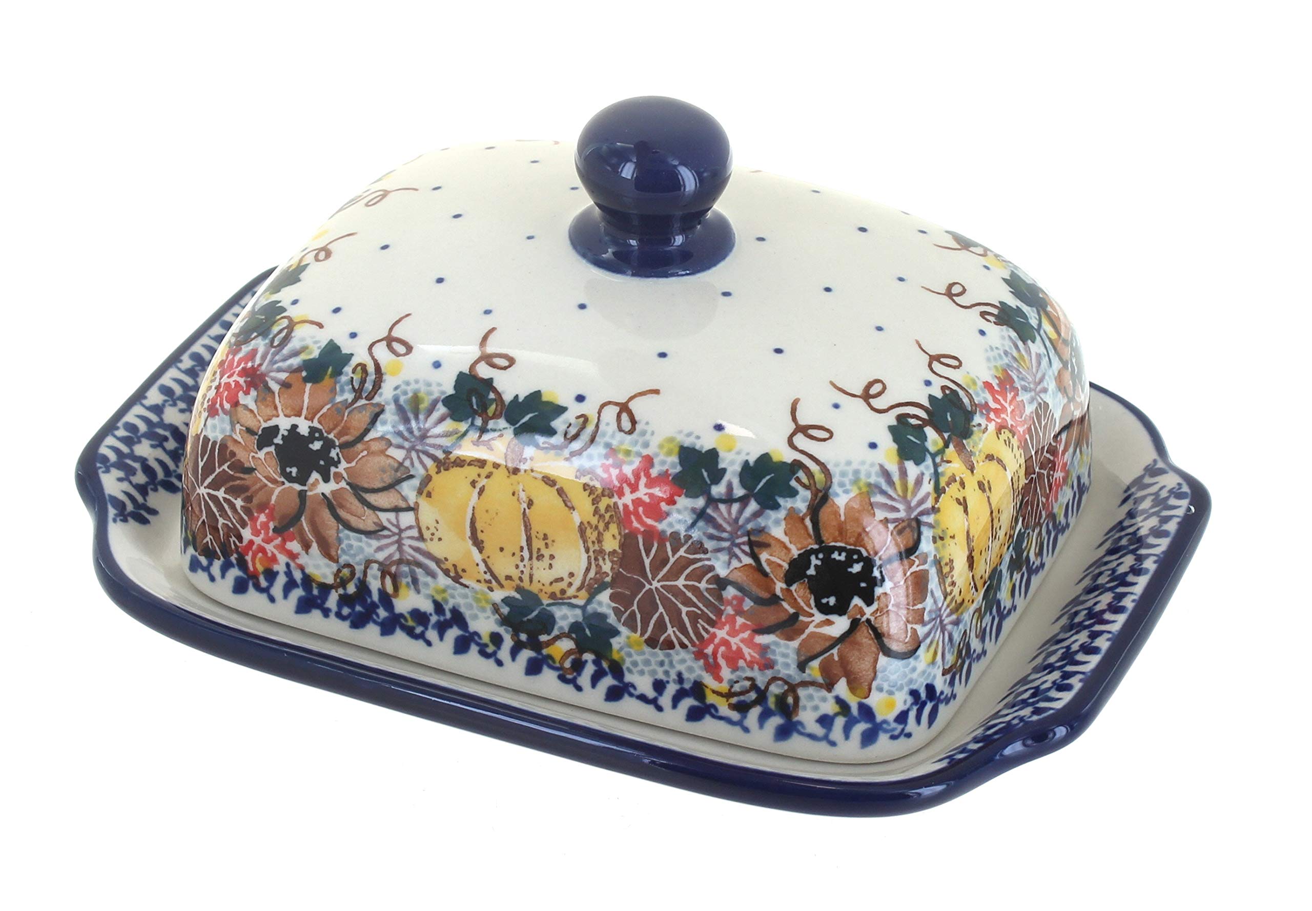 Handmade Blue Rose Polish Pottery Butter Dish - Harvest Bounty Design | Farmhouse Kitchen Decor, Wedding Gift, Rustic Tableware for Cheese & Butter Serving