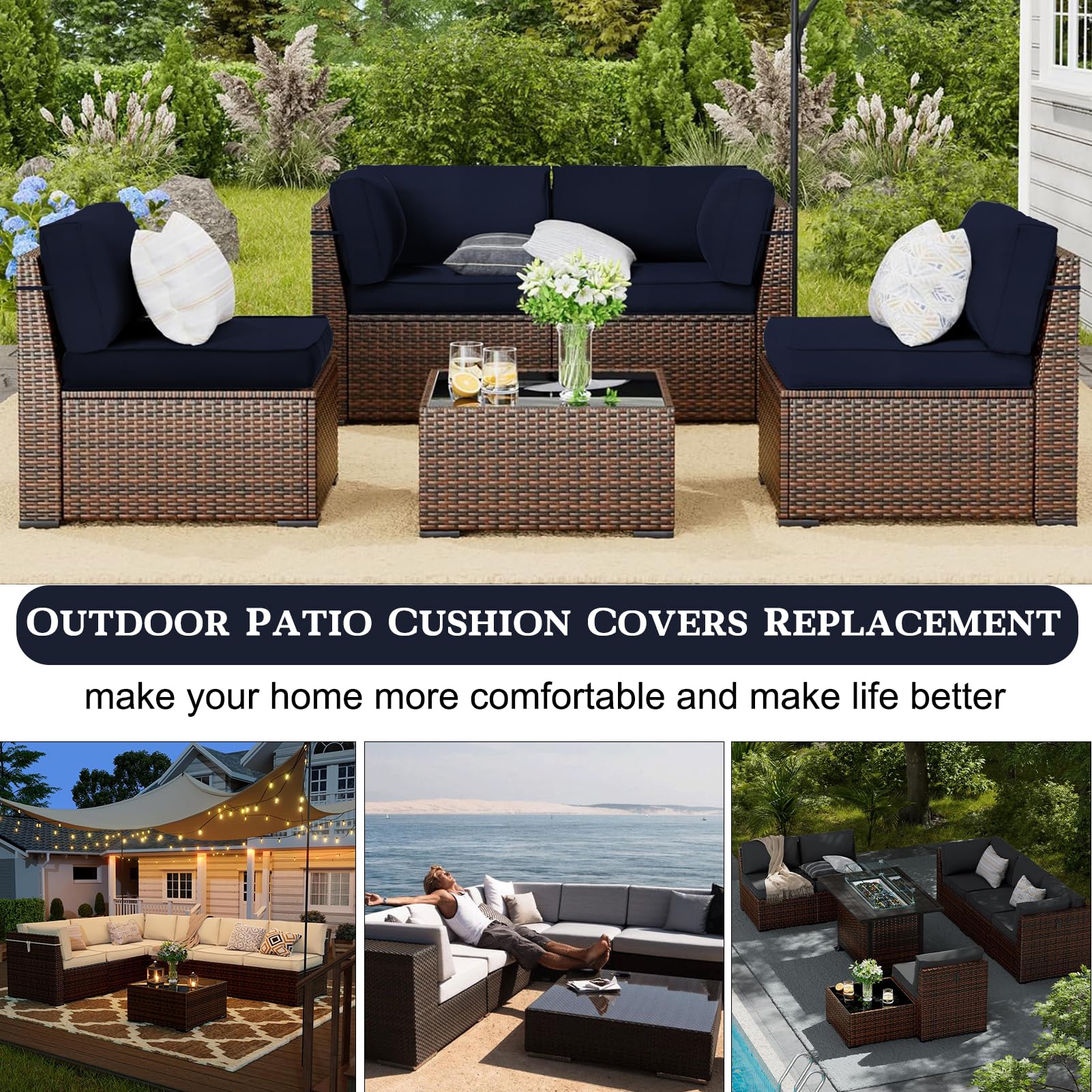Waterproof Outdoor Patio Cushion Covers with Zipper - Replacement Slipcovers for Wicker Rattan Sectional Couch & Chair (Set of 4, Dark Blue, Small Size) - Perfect for Garden, Poolside & Patio Furniture Protection