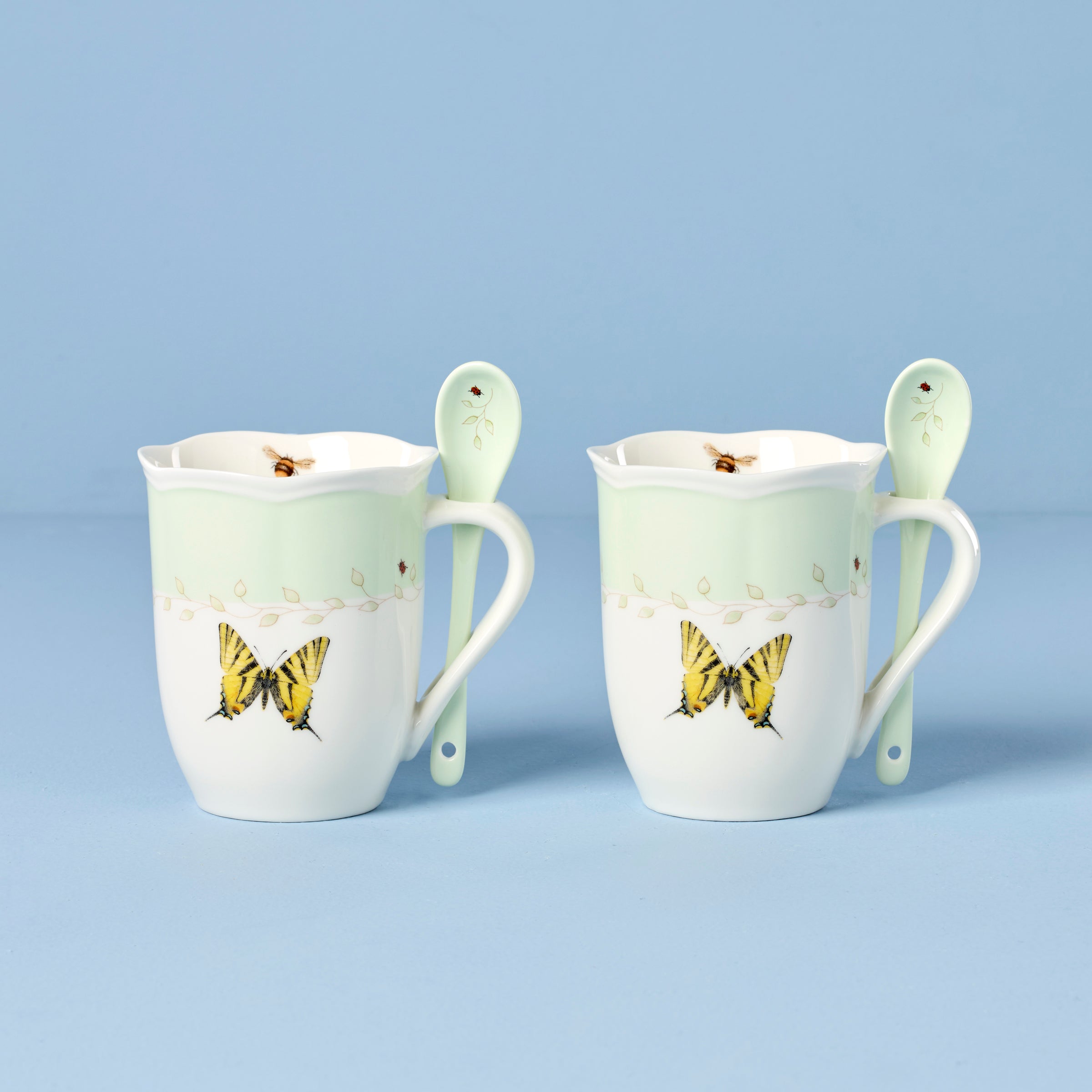 Butterfly Meadow Green Coffee Mugs with Spoons - Set of 2 Ceramic Tea Cups for Home, Office & Gift Giving | Perfect for Morning Coffee, Afternoon Tea & Cozy Moments