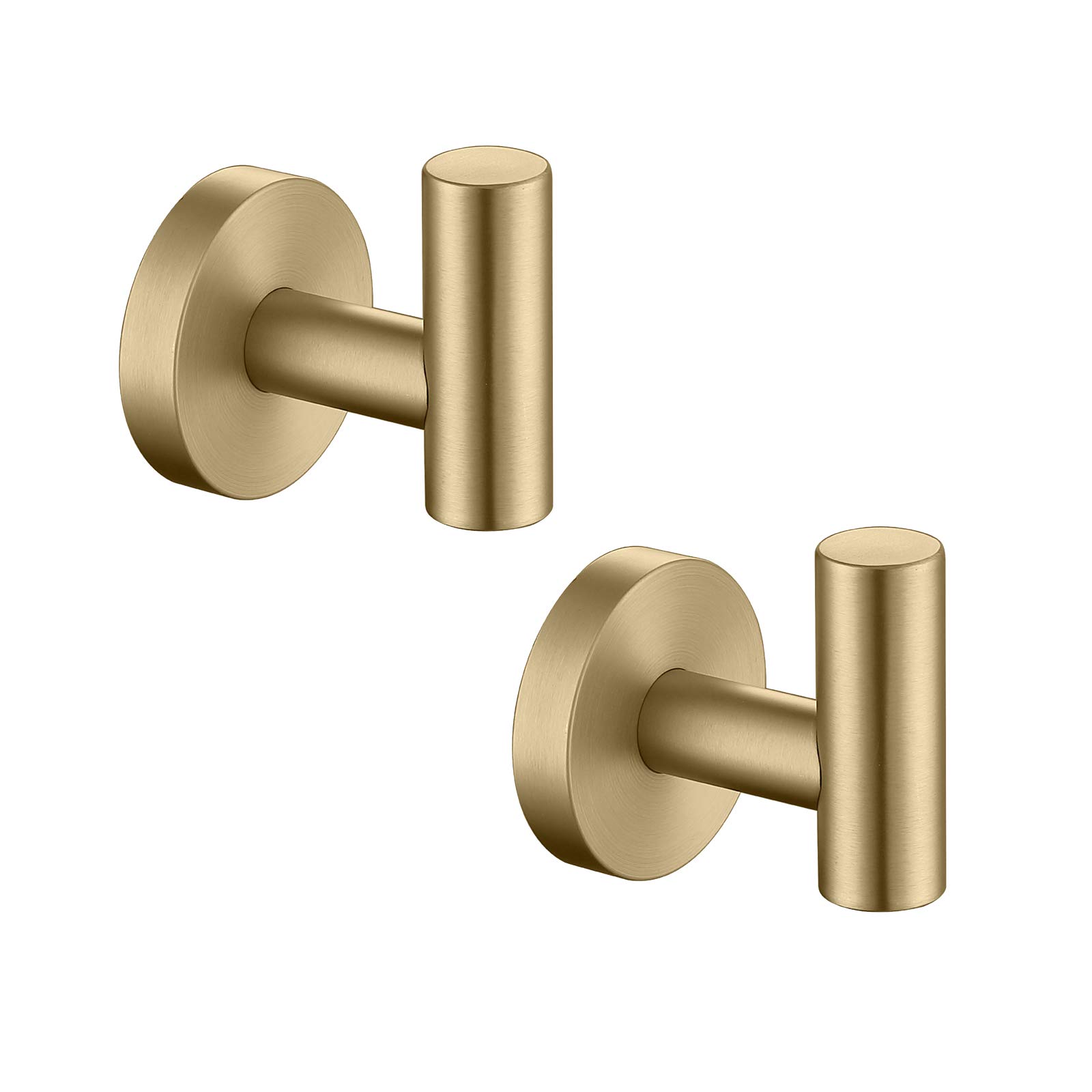 TASTOS Brushed Gold Stainless Steel Wall Hooks - 2 Pack Heavy Duty Round Coat Hooks for Bathroom, Kitchen, Closet & Hotel | Perfect for Towels, Robes, Clothes & Sponges | Rust-Resistant & Durable Wall Mounted Hooks for Home & Commercial Use