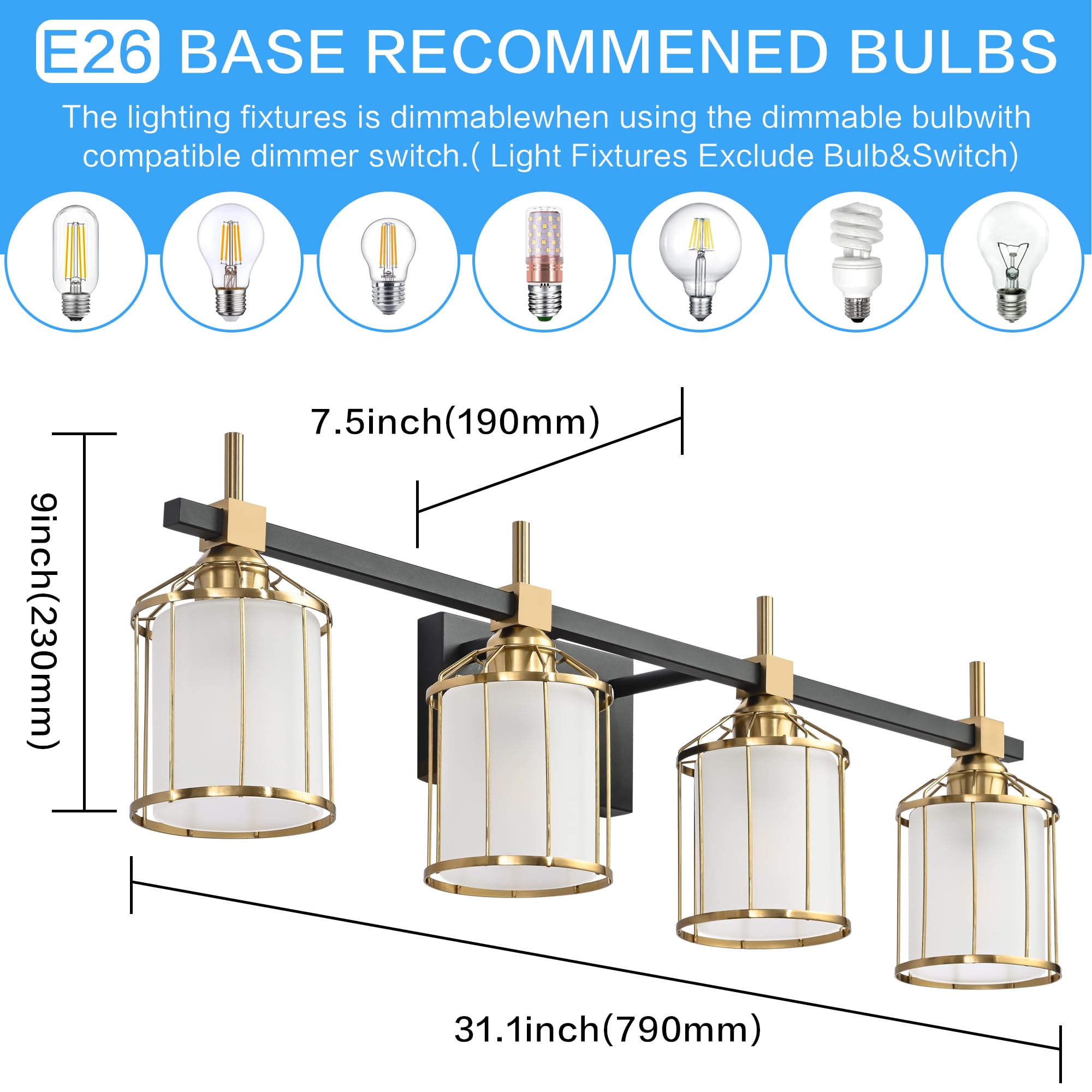 SOLFART 4-Light Modern Bathroom Vanity Lighting Set - Black Brass Finish with Frosted Glass Shades - Perfect for Bathroom Mirror Illumination and Home Decor Upgrade