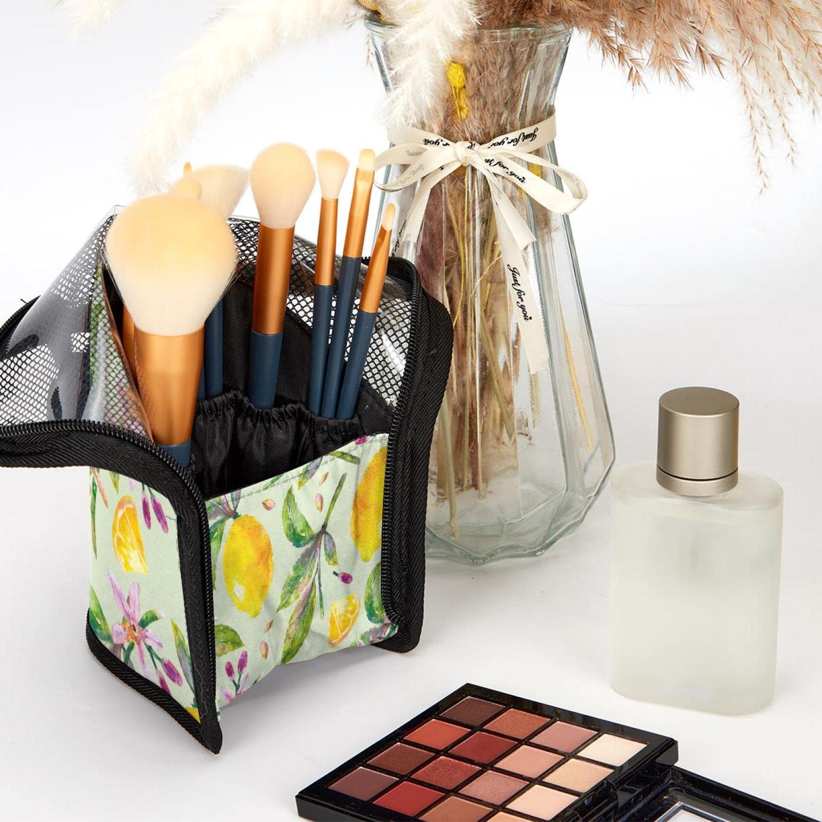 12-Piece Makeup Brush Organizer Bag with Watercolor Lemon Leaf Design - Portable Cosmetic Brush Holder Case for Travel, Home & Professional Makeup Artists