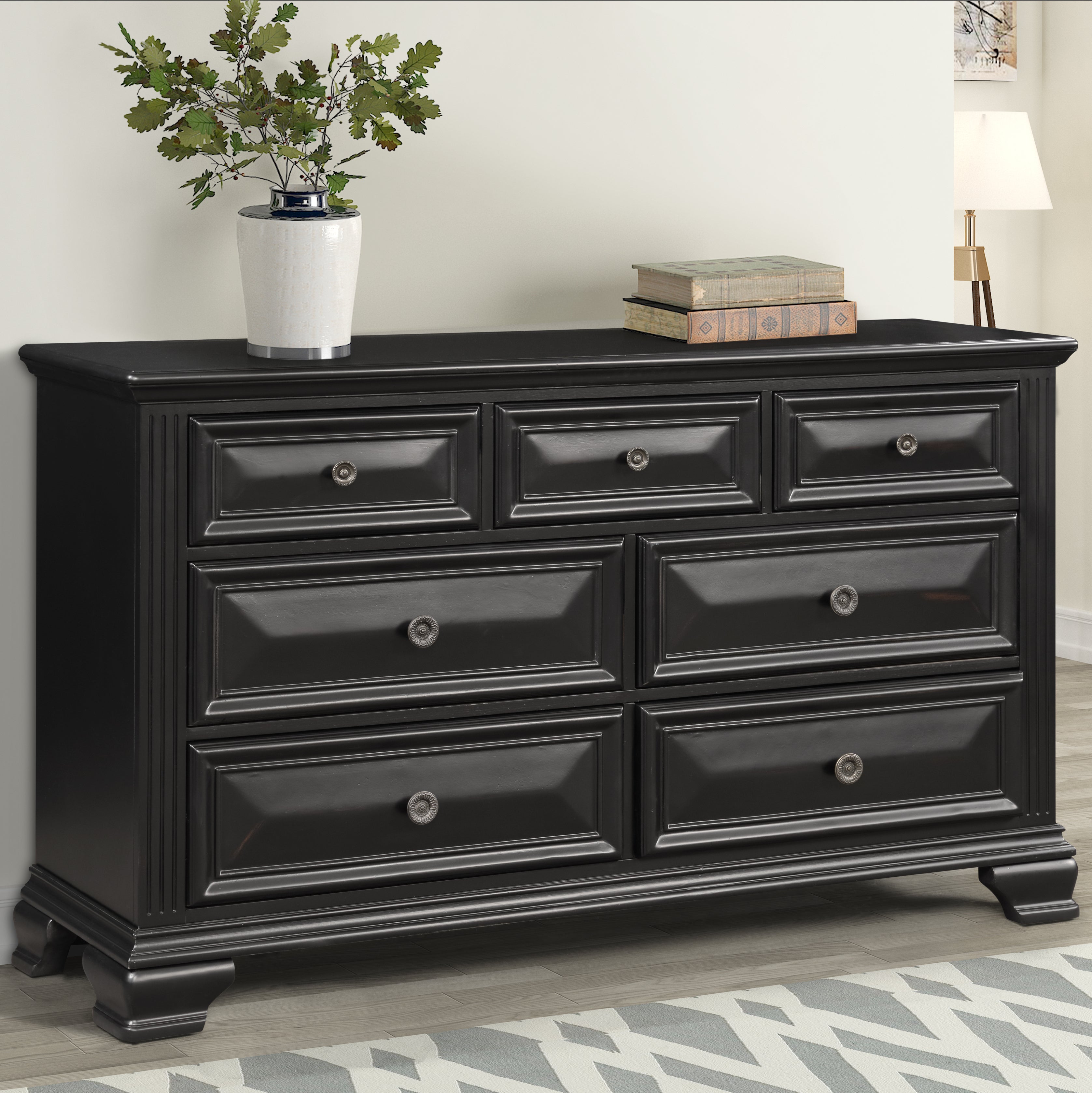 Vintage Black 7-Drawer Dresser - Solid Wood Bedroom Storage Furniture for Clothes & Accessories | Perfect for Master Bedroom, Guest Room & Dorm Organization