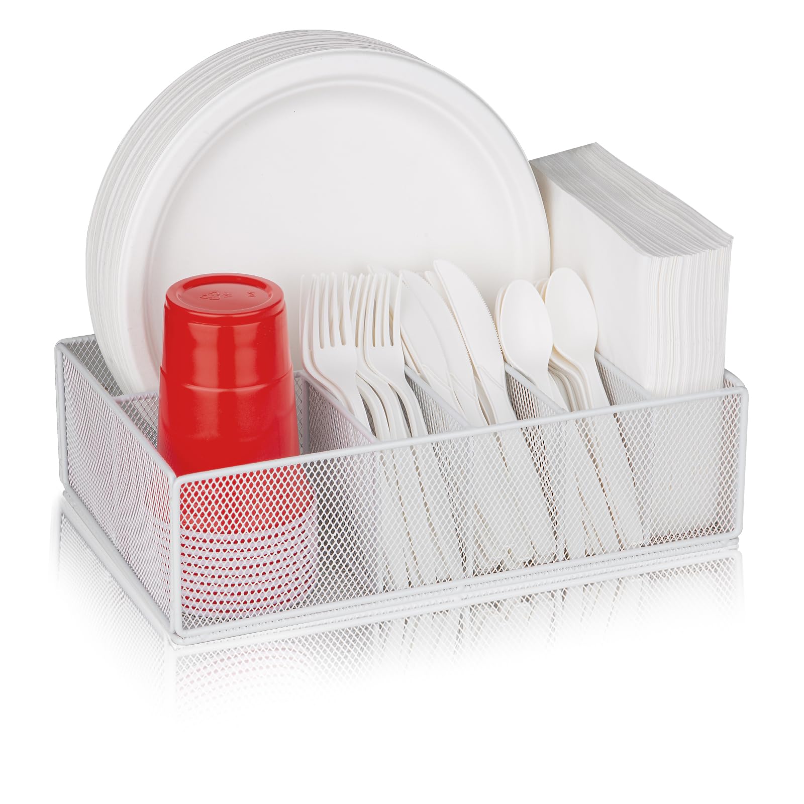 Metal Silverware Caddy & Paper Plate Organizer for Countertop - Plate, Cup, Fork, Spoon, Napkin Holder - Perfect for Party, Camping, Picnic, Kitchen & Dining Organization (White)