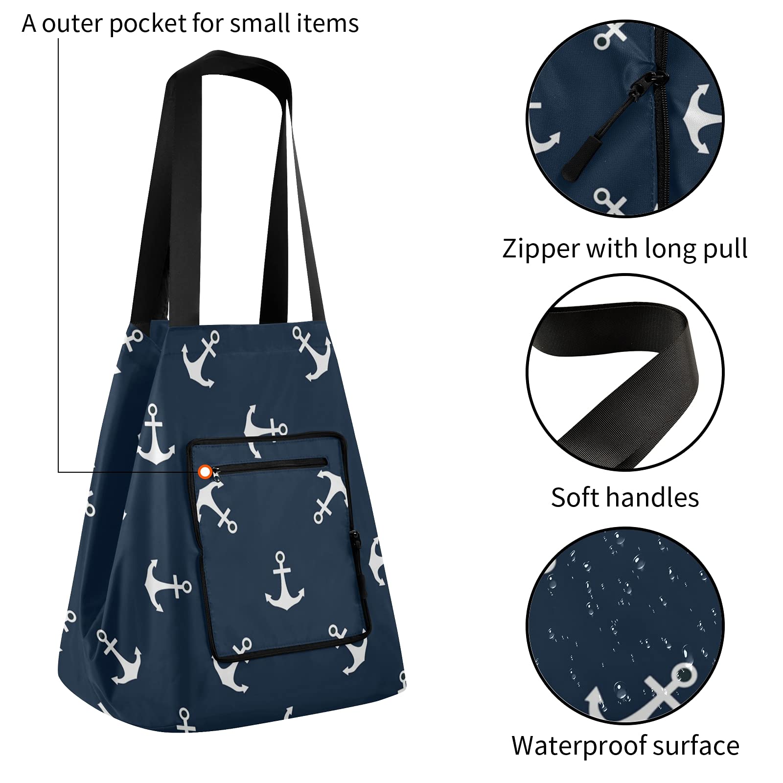 ALAZA Ocean Anchor Nautical Blue Large Reusable Tote Bag - Foldable Lightweight Grocery Shopping Bag with Handles for Women, Beach, Picnic, Travel & Outdoor Activities