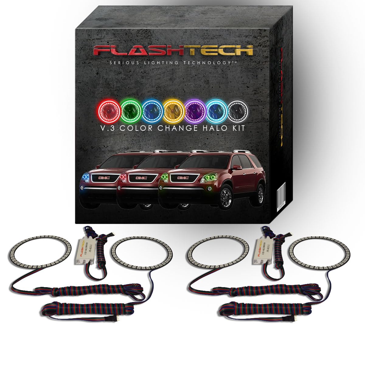 Flashtech V.3 Fusion RGB Color Changing LED Halo Ring Headlight Kit - Compatible with 2007-2012 GMC Acadia | Custom Car Lighting for Night Driving & Car Shows
