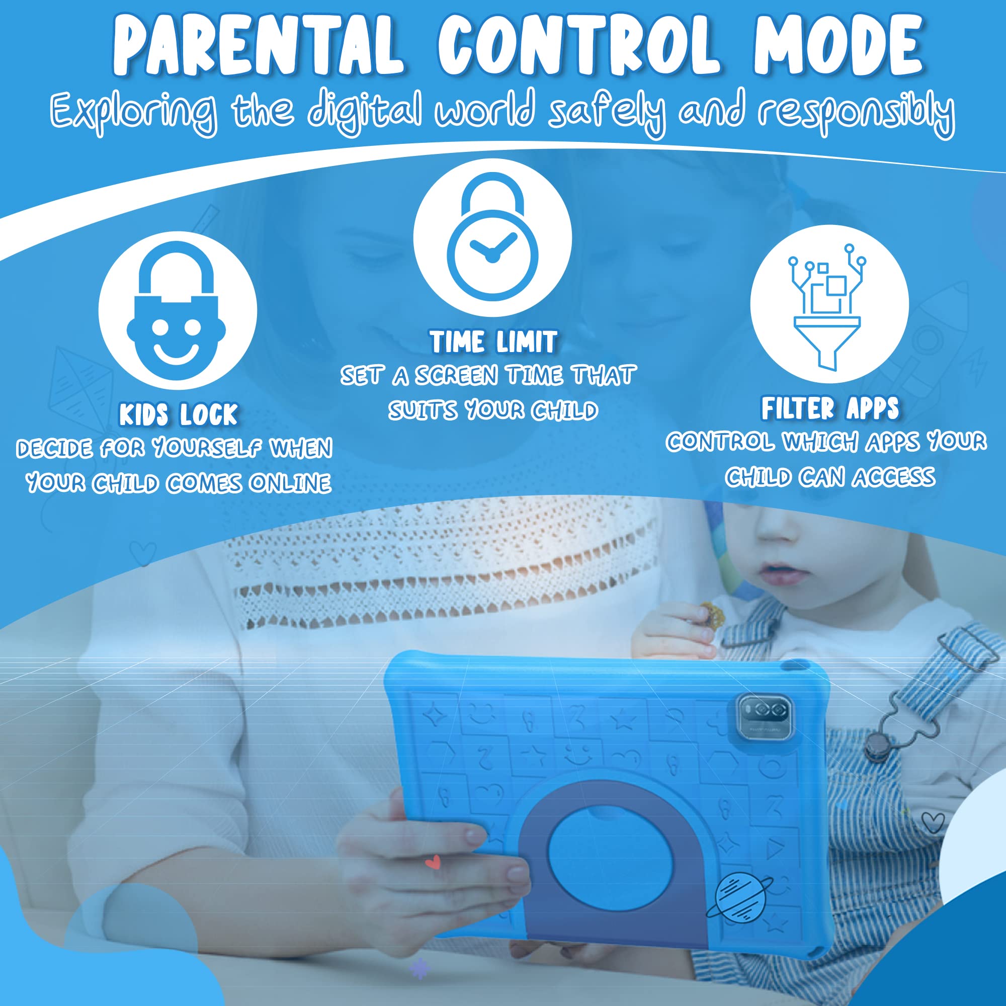 CosmoToys Kids Tablet with Parental Control - 7 Inch Android 12 Tablet for Children | Includes Car Storage Cover & Tablet Holder | 6000mAh Battery | Blue | Perfect for Travel, Learning & Entertainment