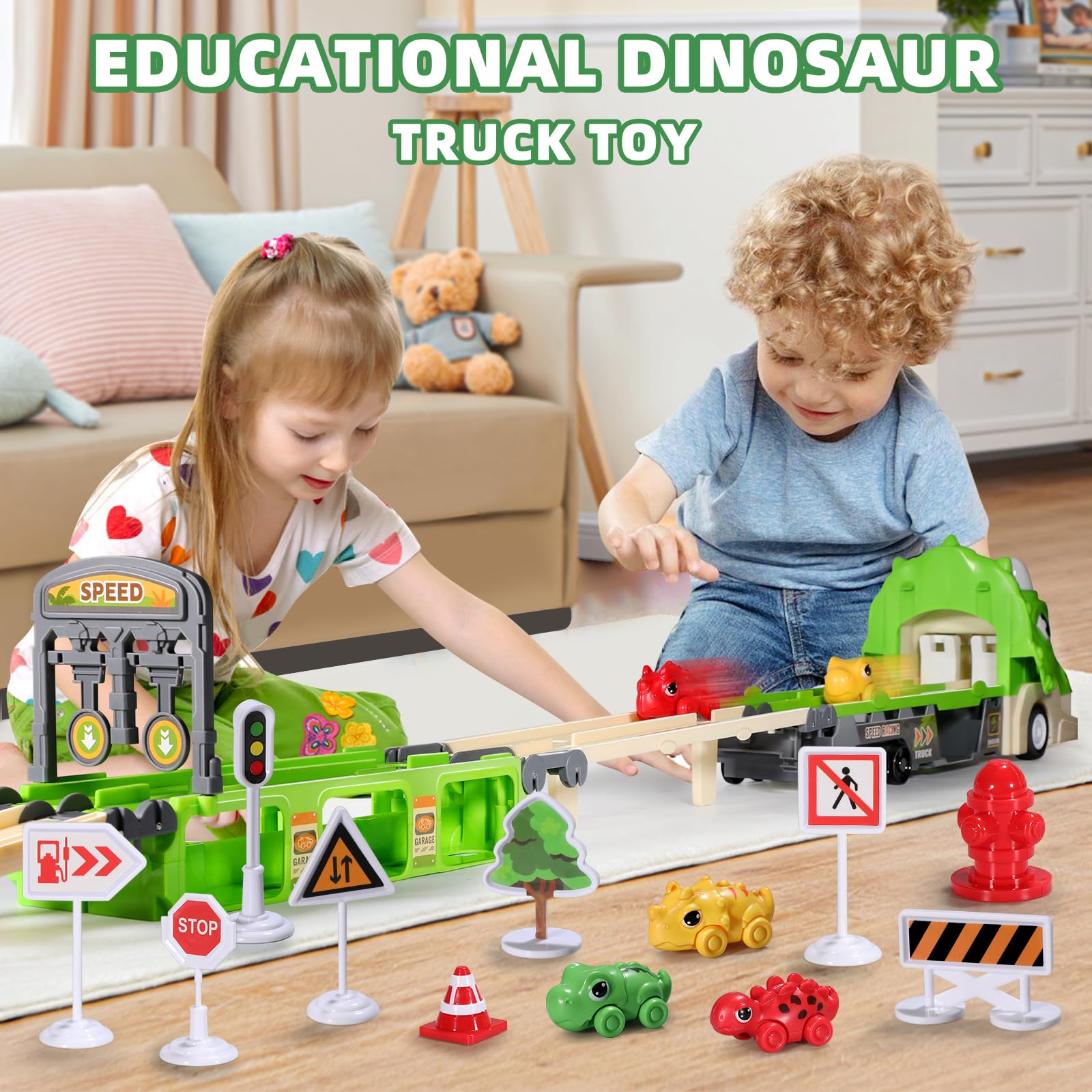 Dinosaur Toy Car Set with Foldable 117cm Track - Includes Launcher, 6 Mini Cars & 12 Road Signs - LED Lights & Sound Effects - Safe ABS Plastic & Dual-Layer Storage - STEM Learning Racing Playset for Kids Ages 3+ - Perfect for Birthday Gifts, Indoor Play & Preschool Educational Activities