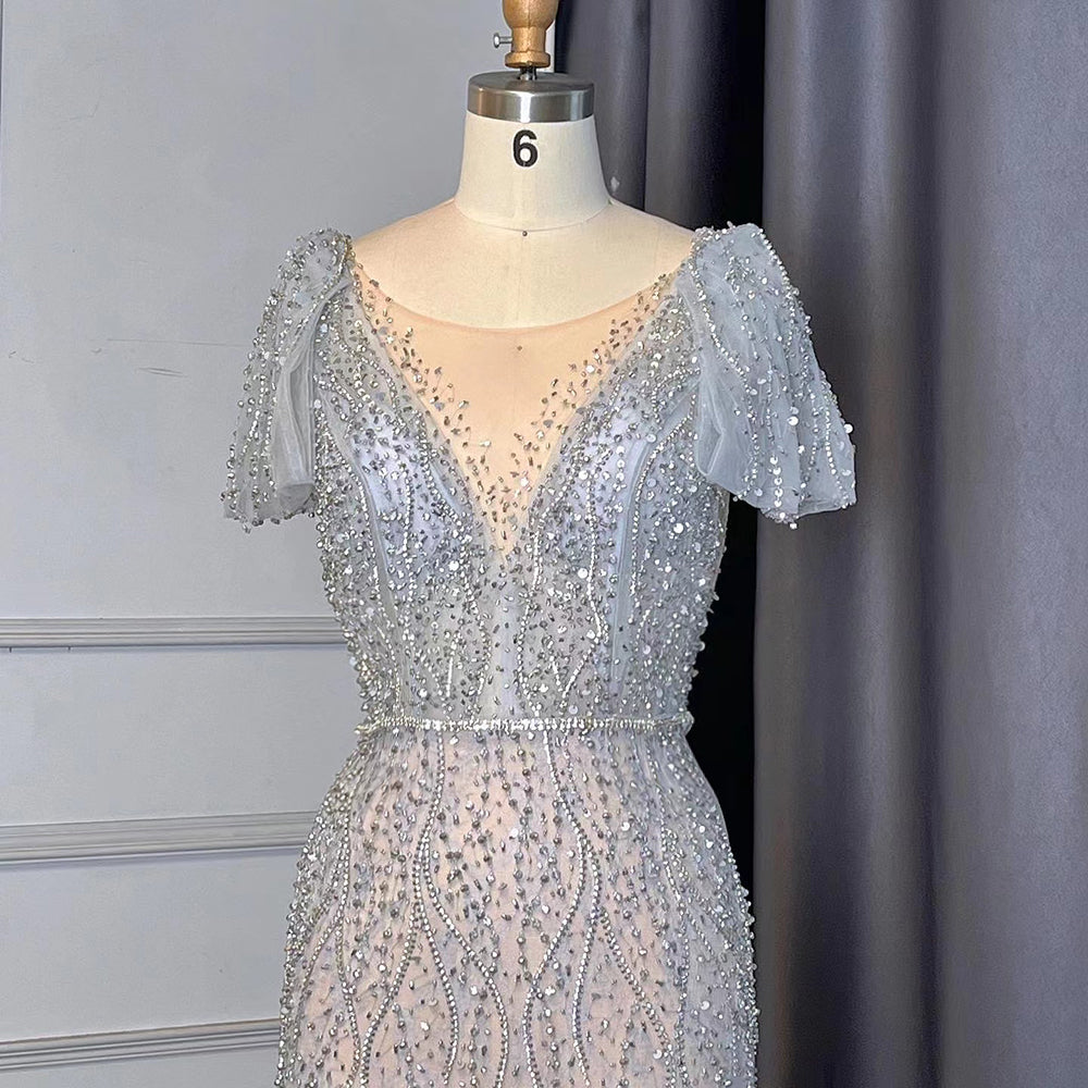 Serene Hill Grey Mermaid Elegant Evening Dresses 2025 Luxury Beaded V-Neck Short Party Dresses for Women - Perfect for Prom, Cocktail Parties & Special Occasions