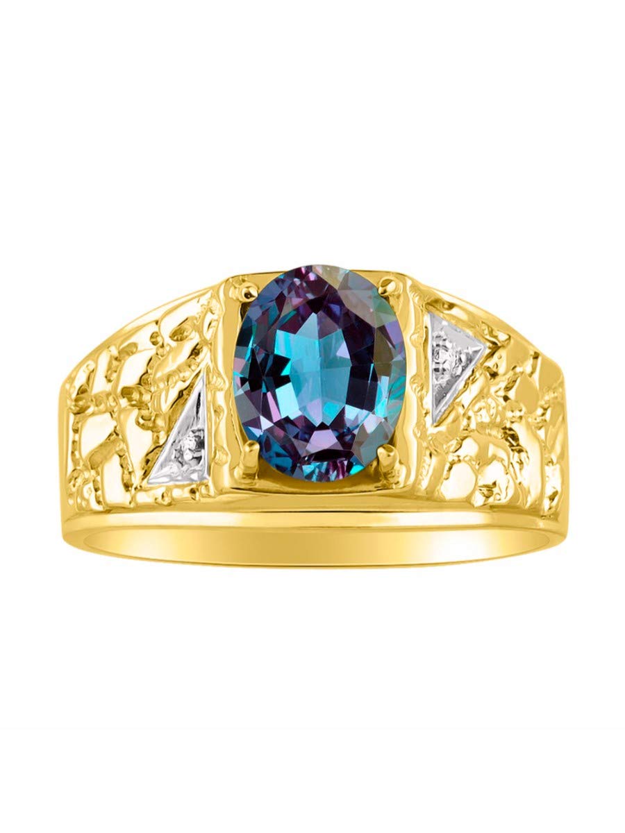 14K Yellow Gold Designer Nugget Ring for Men - Oval 9X7MM Gemstone & Genuine Diamond Birthstone Ring - Sizes 8-13 - Perfect for Weddings, Anniversaries & Special Occasions