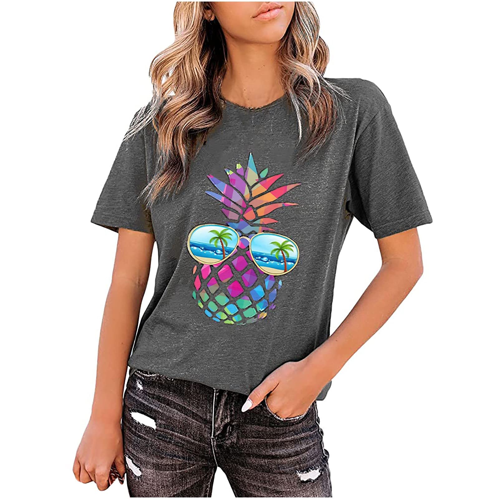 Women's 4th of July Pineapple Print Short Sleeve Blouse - Summer Crew Neck Tee for Independence Day Celebrations, Beach Vacations & Casual Outings