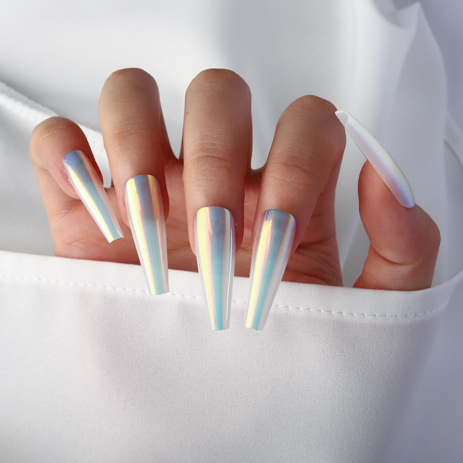 Chrome Press on Nails Ballerina Long Coffin False Nails - 24pcs Holographic Mirror Glue on Nails with Chameleon Metallic Effect - Luxury Full Cover Acrylic Artificial Nails for Women & Girls - Perfect for Parties, Weddings, and Special Occasions