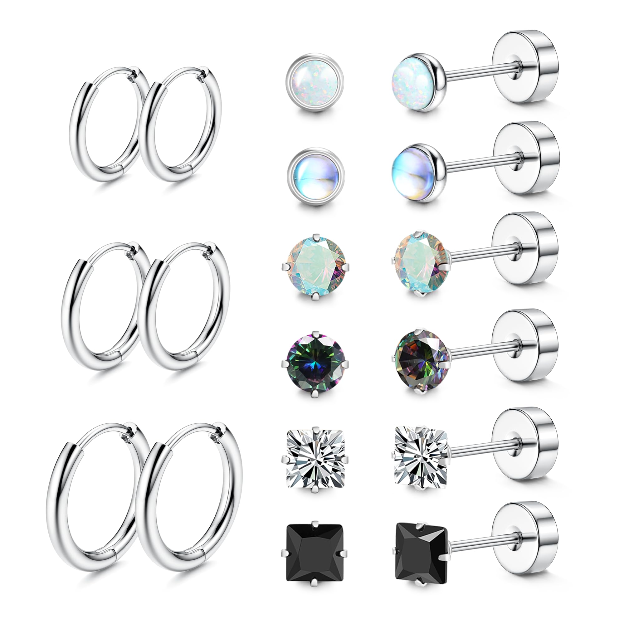 Hypoallergenic Titanium Stud Earrings for Men & Women - 20G Flat Back Opal Cubic Zirconia Cartilage Hoop Earrings for Sensitive Ears | Surgical Steel Body Jewelry for Daily Wear & Special Occasions