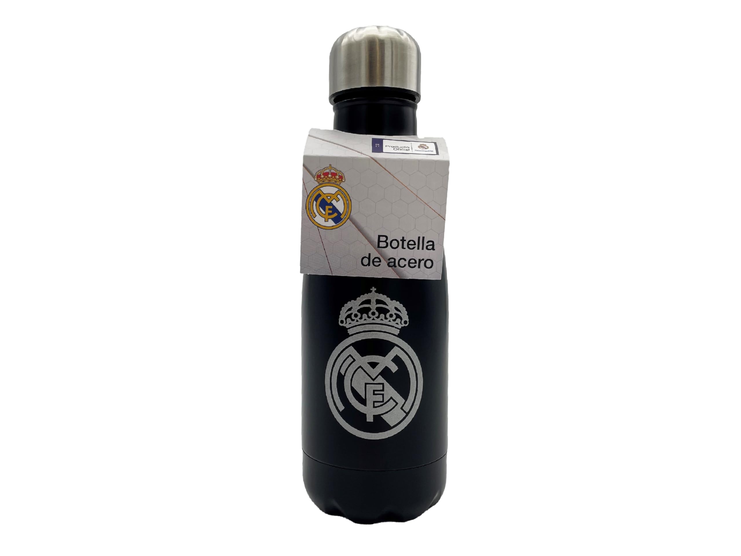 Official Real Madrid 550ml Stainless Steel Water Bottle with Leak-Proof Lid - Black - CYP Brands - Perfect for Sports, Gym & Outdoor Activities