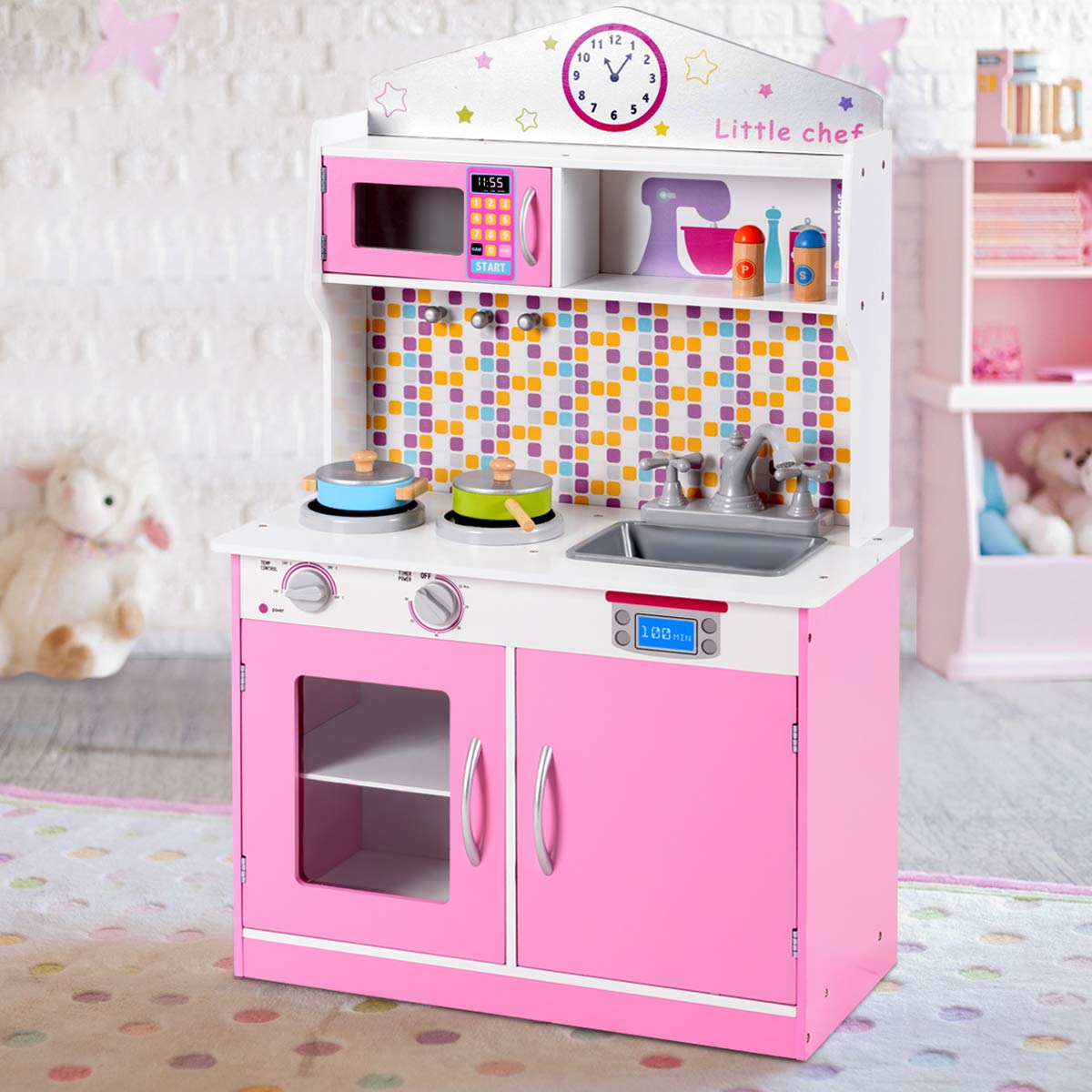 MAT EXPERT Kids Wooden Chef Pretend Play Kitchen Set with Removable Sink, Cookware, Microwave & Storage - Educational Toy for Boys & Girls Ages 3+ - Perfect for Pretend Cooking, Role Play & Early Learning at Home or Preschool