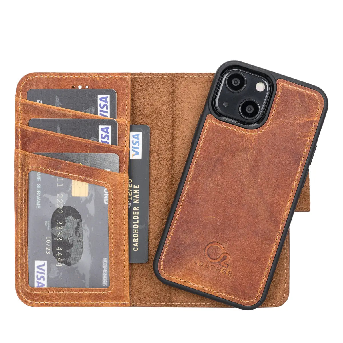 Premium Camel Brown Genuine Leather Wallet Case for iPhone 13 Mini - Slim Protective Cover with Card Slots (Perfect for Everyday Use, Travel & Business)