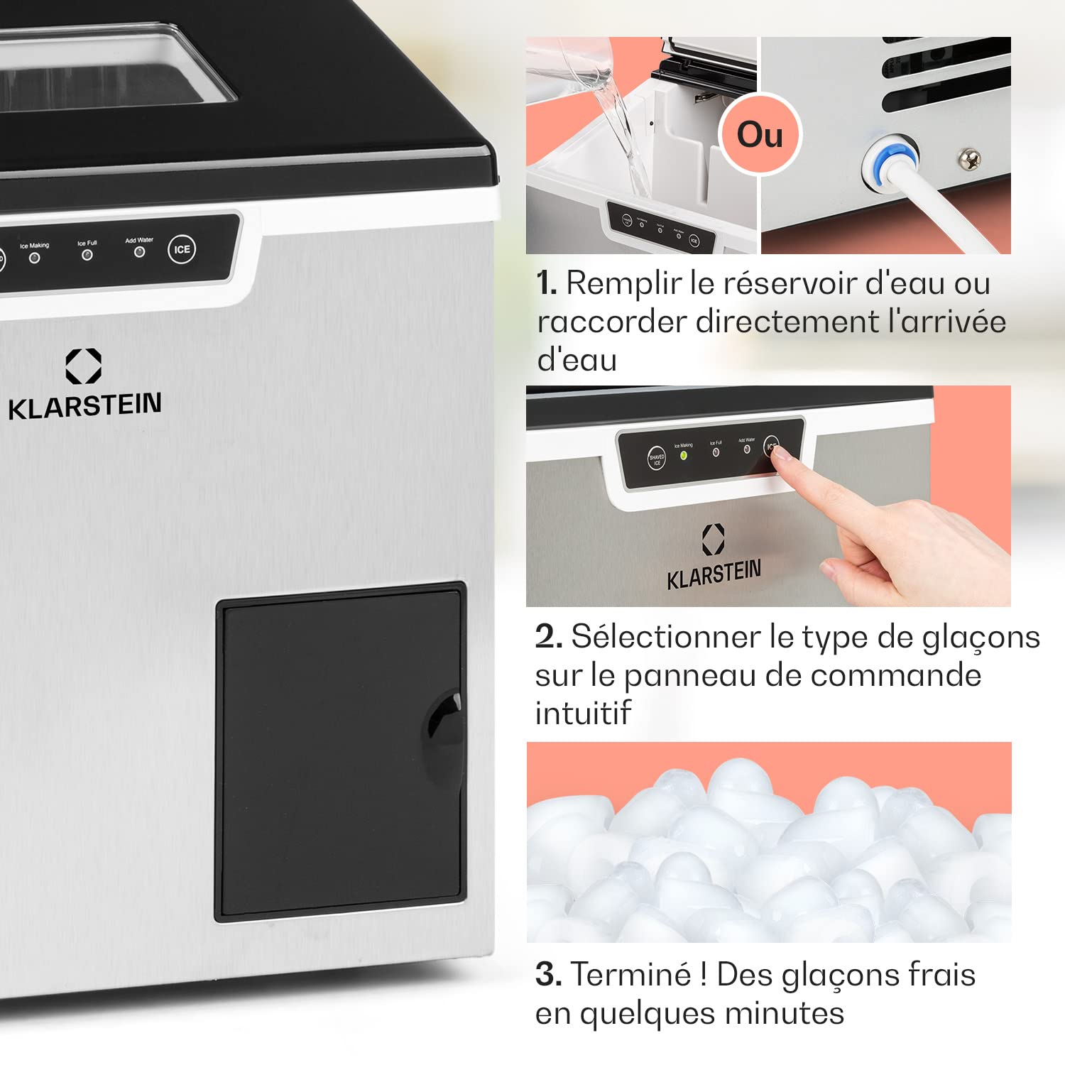 Klarstein 3L Ice Maker Machine for Home - Fast Crushed or Ball Ice Production up to 20kg - Self-Cleaning with Safety Alarm - Perfect for Cocktails, Parties & Kitchen Use