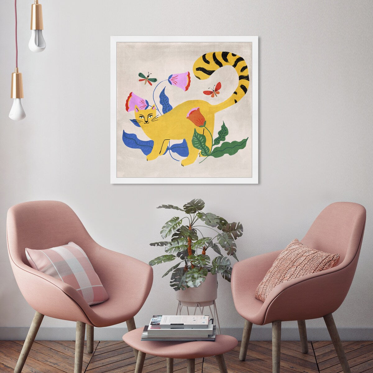 Blonde Tabby Floral Kitten Butterfly Garden Modern Yellow Framed Wall Art Print - Home Decor for Bedroom, Living Room & Nursery | Perfect Gift for Cat Lovers