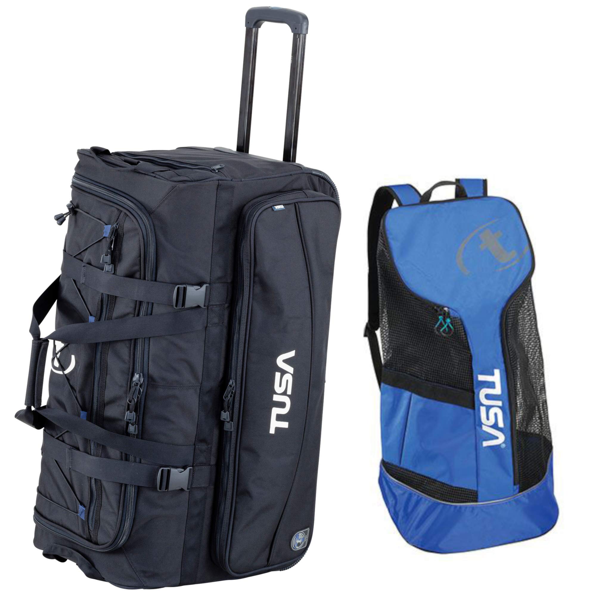 TUSA Dive Gear Roller Duffle Bag - Waterproof Scuba Diving Travel Bag with Mesh Backpack (Black & Cobalt Blue) - Perfect for Scuba Trips, Beach Vacations & Water Sports