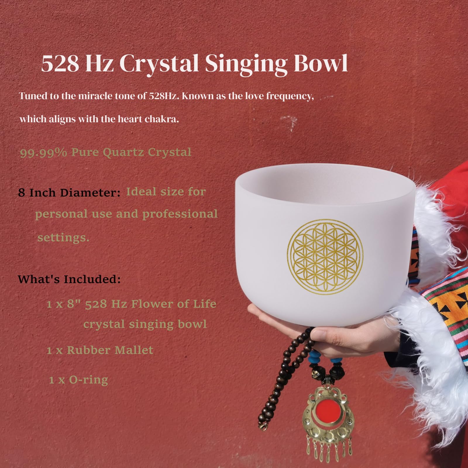 528Hz 8 Inch C Note Flower of Life Crystal Singing Bowl - Sound Healing & Meditation Bowl for Relaxation, Yoga, Reiki, and Chakra Balancing - Includes Carry Bag