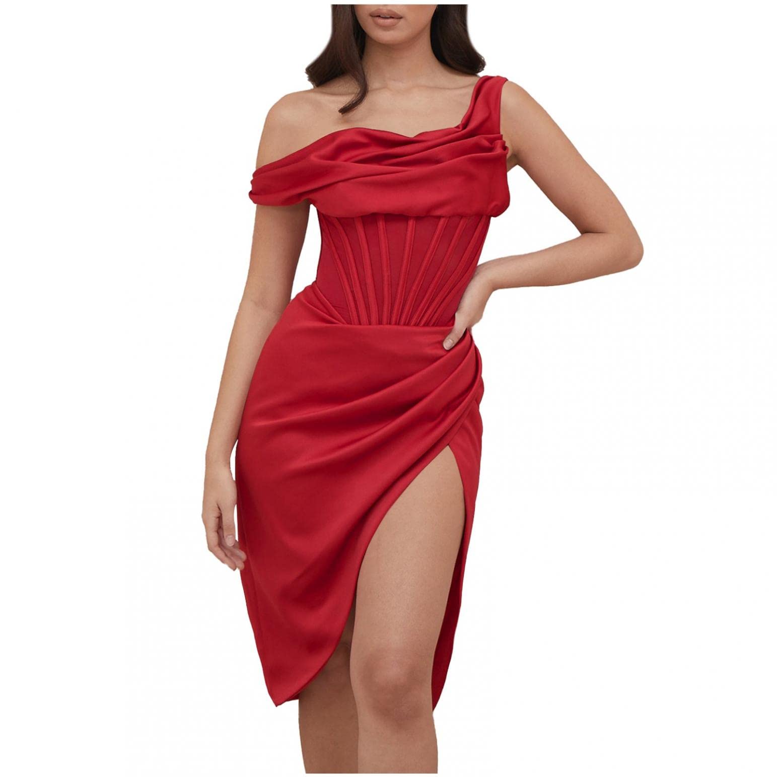 Elegant One Shoulder Midi Tube Dress for Women - High Slit Cocktail Dress for Wedding Guest, Birthday Party & Club Night | Perfect for Evening Events, Date Nights & Special Occasions