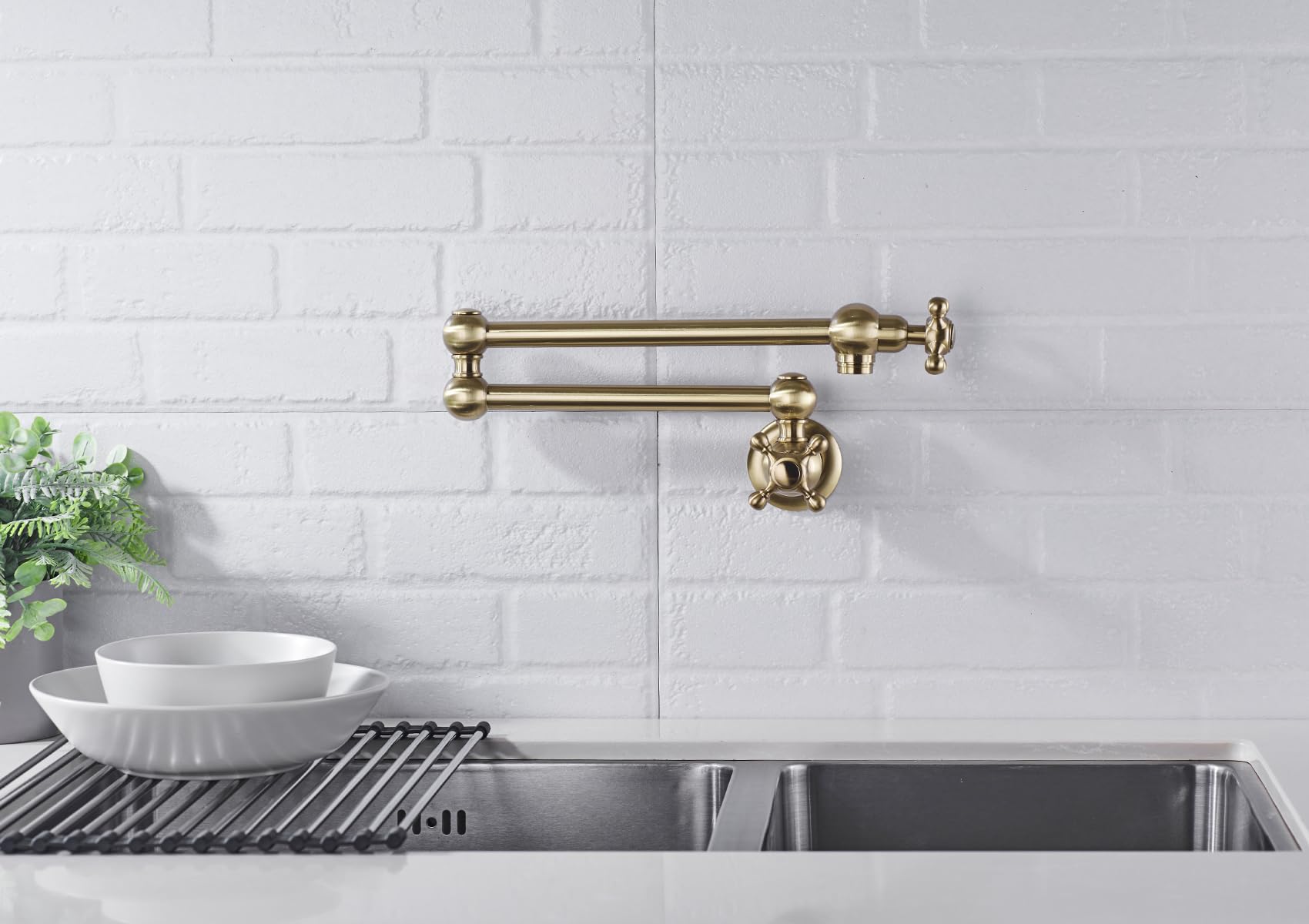 TRUSTMI Brass Wall Mount Pot Filler Faucet - Brushed Gold Kitchen Sink Faucet with Double Joint Swing Arm for Easy Pot Filling | Perfect for Home Kitchen, Restaurant & Commercial Use