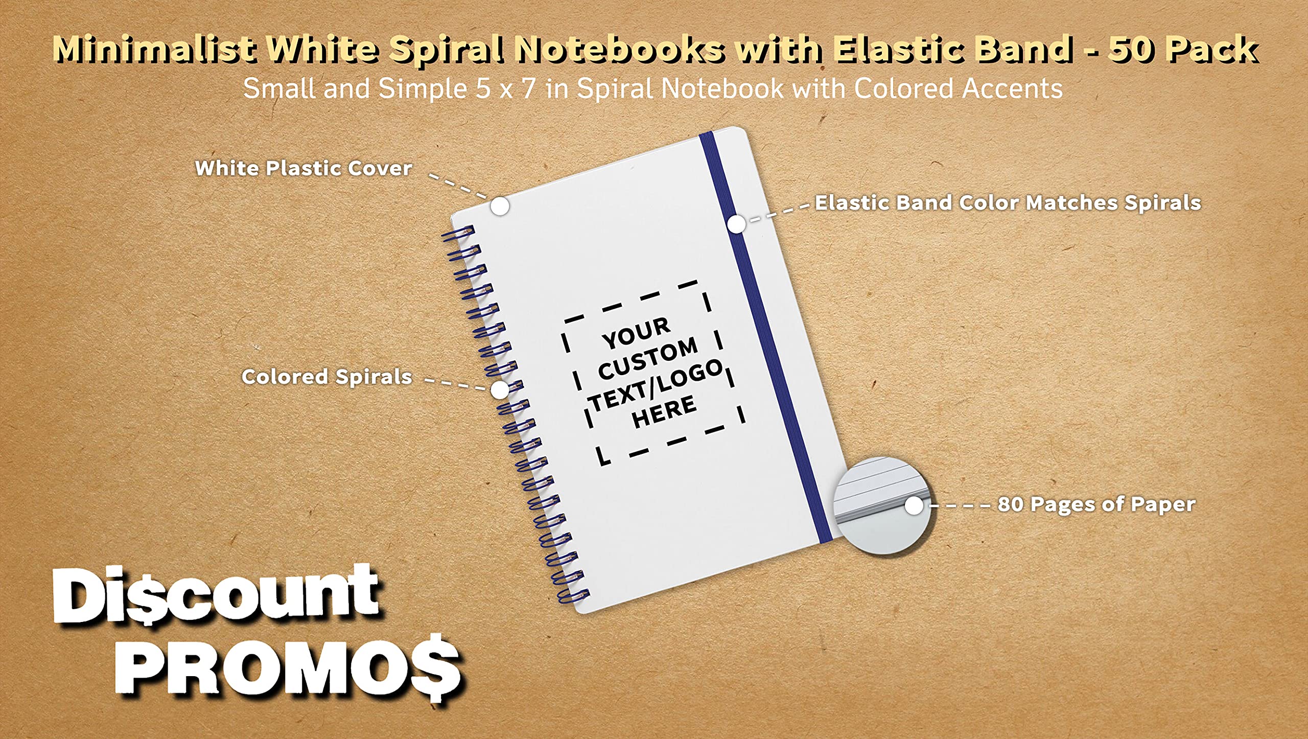50 Pack White Spiral Notebooks with Elastic Closure - Customizable Cover Text & Logo - 80 Lined Pages, Eco-Friendly Recycled Paper - Perfect for Office, School & Journaling