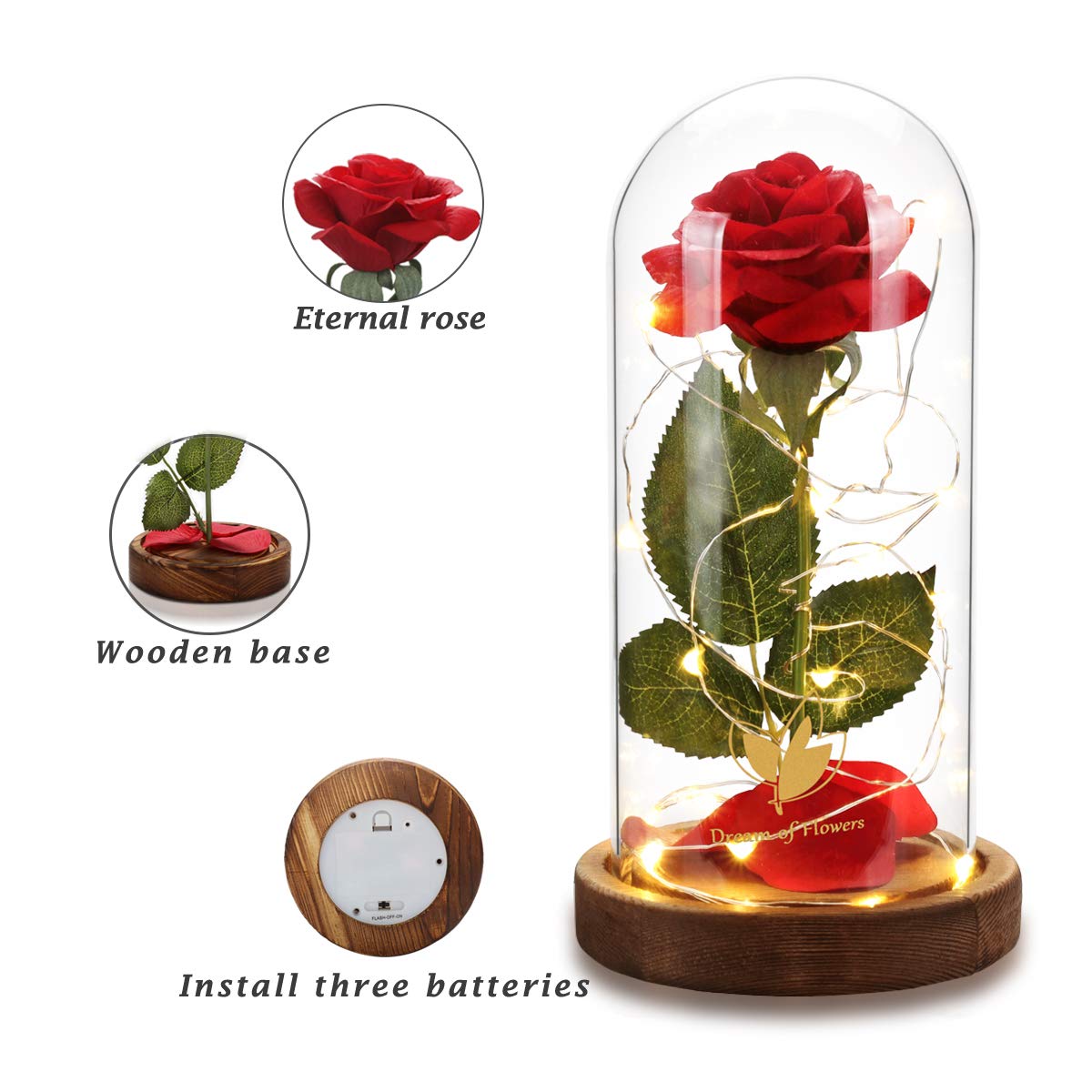 Eternal Light Up Rose in Glass Dome - Beauty and The Beast Inspired, Mothers Day & Birthday Gifts for Women, Wife, Girlfriend - Perfect for Home Decor, Romantic Surprises, and Special Occasions