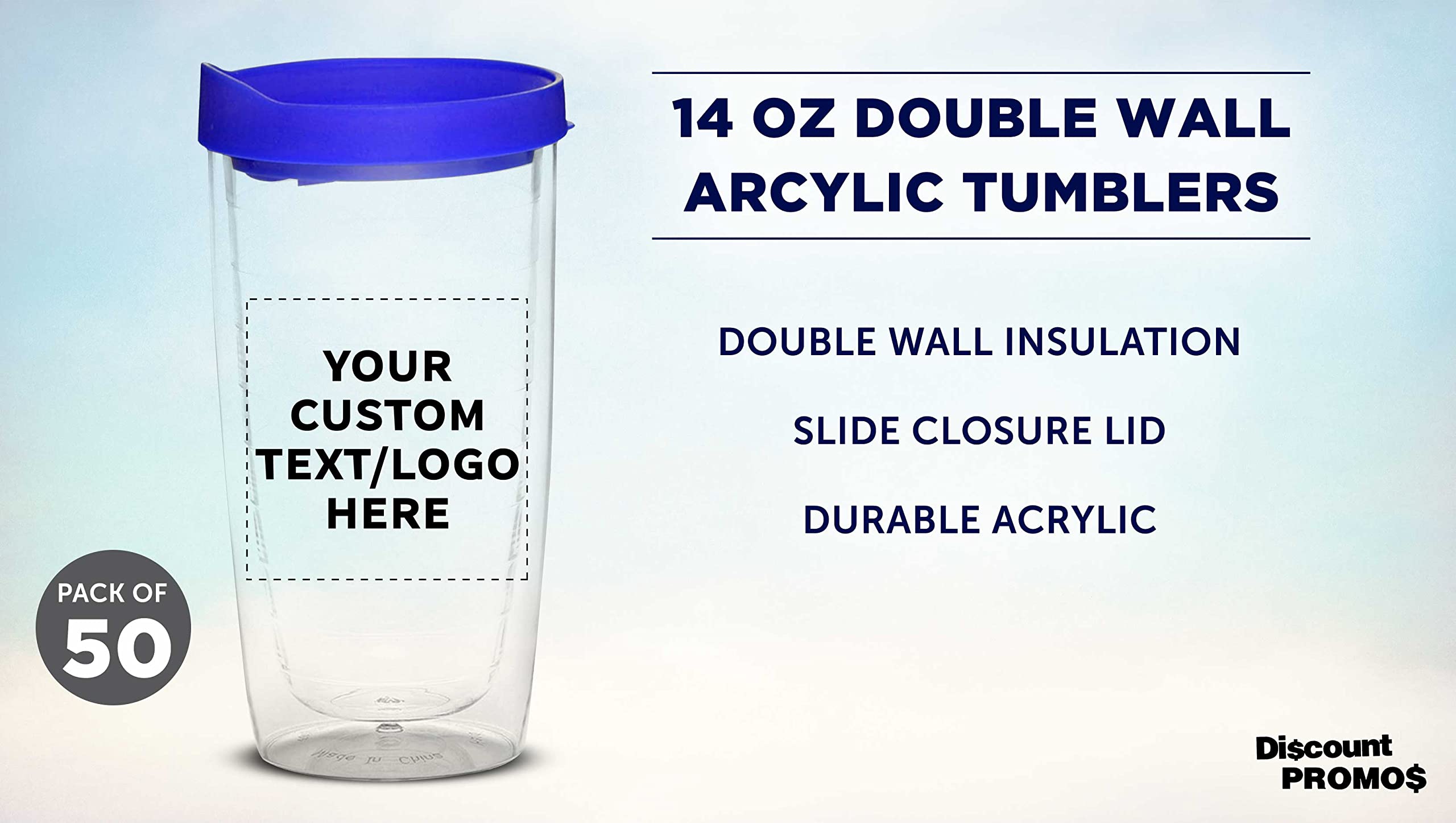 Custom 14 oz Double Wall Plastic Tumblers with Slid-lock Lid - 50 Pack, Personalized Text & Logo - Insulated Travel Coffee Cups for Office, Camping & Outdoor - Blue
