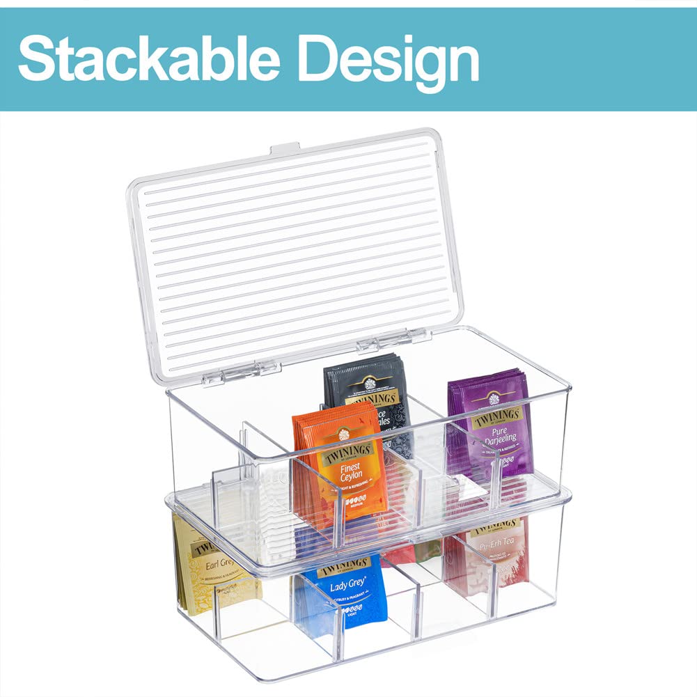2 Pack Stackable Plastic Tea Bag Organizer - Clear Sugar Packets Storage Box with 8 Grid Compartments for Tea, Coffee & Condiments | Perfect for Kitchen, Office & Restaurant Organization