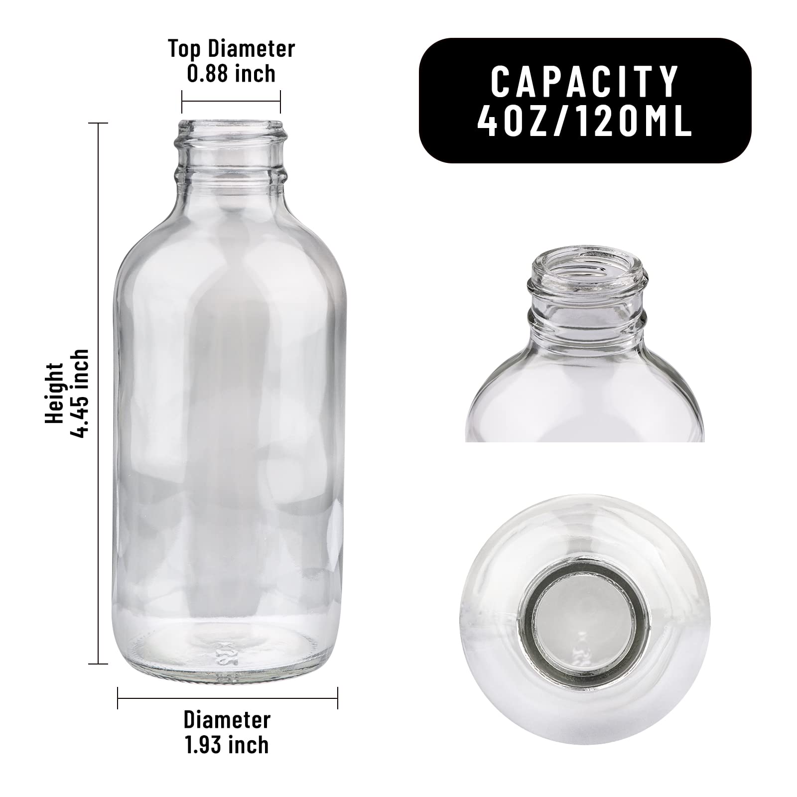 24 Pack 4 oz (120ml) Clear Glass Bottles with Black Caps - Boston Round Sample Bottles for Essential Oils, DIY Crafts, Spices & Liquids | Includes Labels, Funnels & Brush for Easy Filling & Organization