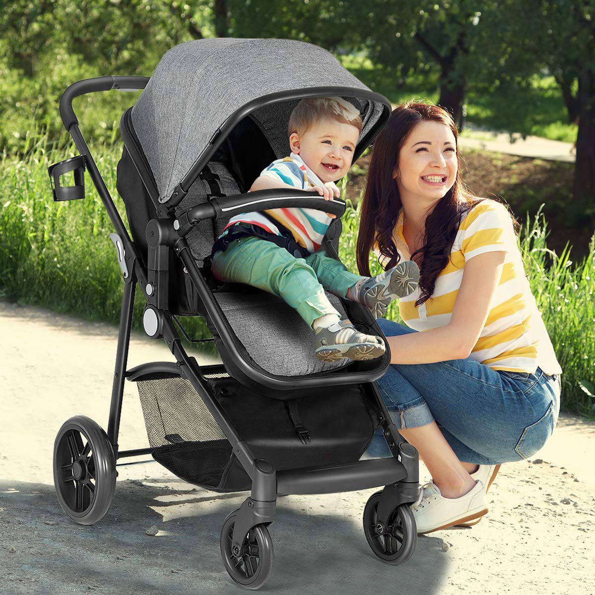 HONEY JOY Baby Stroller - Convertible Infant Bassinet Stroller with Adjustable Canopy, Reclining Backrest, Storage Basket & Cup Holder | Foldable Newborn Carriage Pram for Travel, Shopping & Outdoor Walks (Gray)