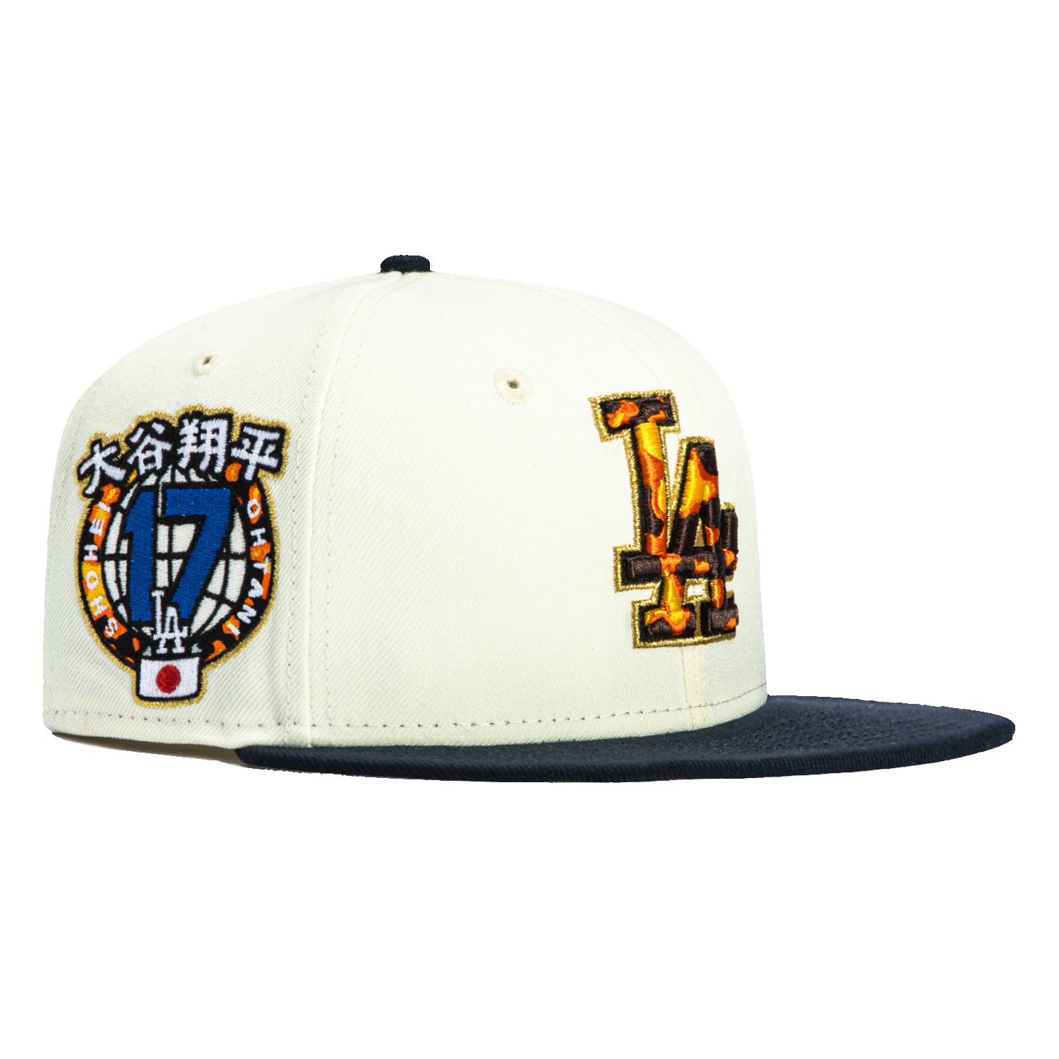New Era 59Fifty Los Angeles Dodgers Shohei Ohtani 17 Patch Baseball Cap - Tortoise Shell Design in White & Navy | Perfect for MLB Games, Sports Events & Casual Wear