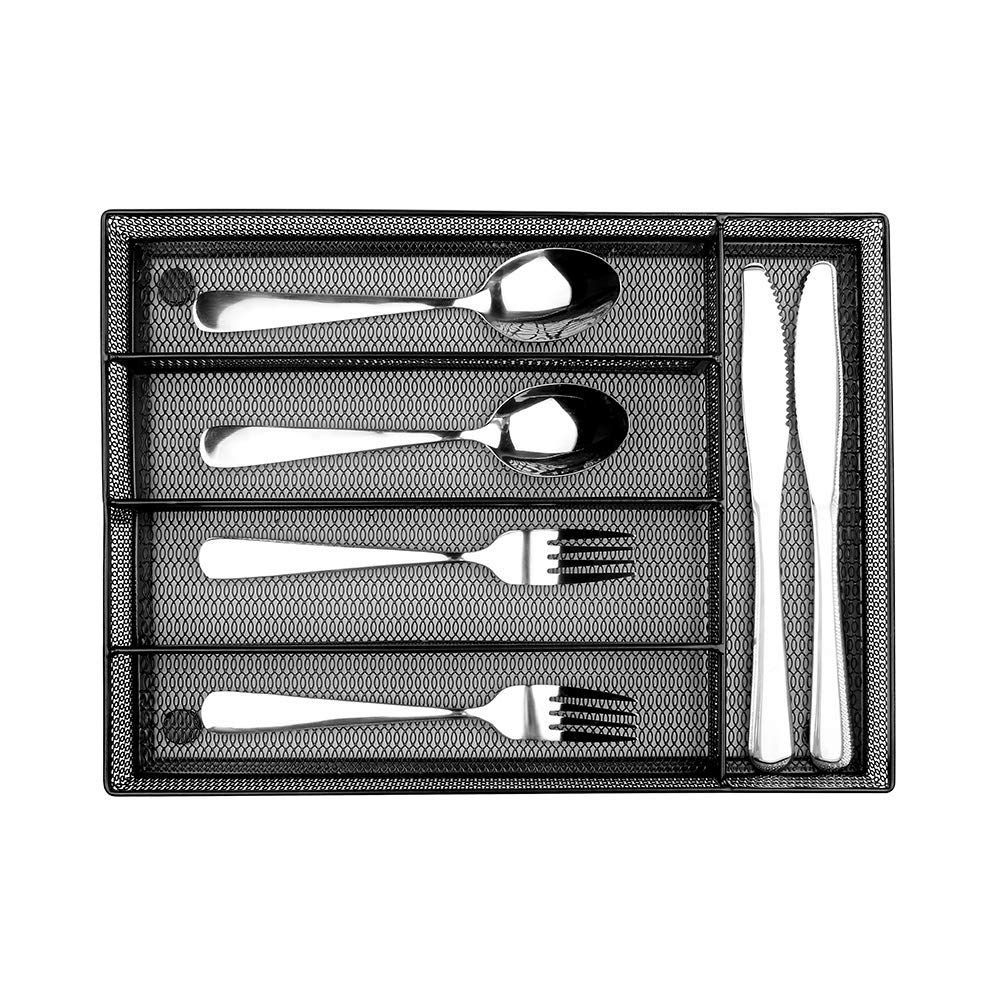 5-Compartment Steel Mesh Cutlery Tray with Non-Slip Foam Feet - Silverware Organizer for Kitchen Drawer - Perfect for Utensils, Spoons, Forks & Knives Storage (Black)