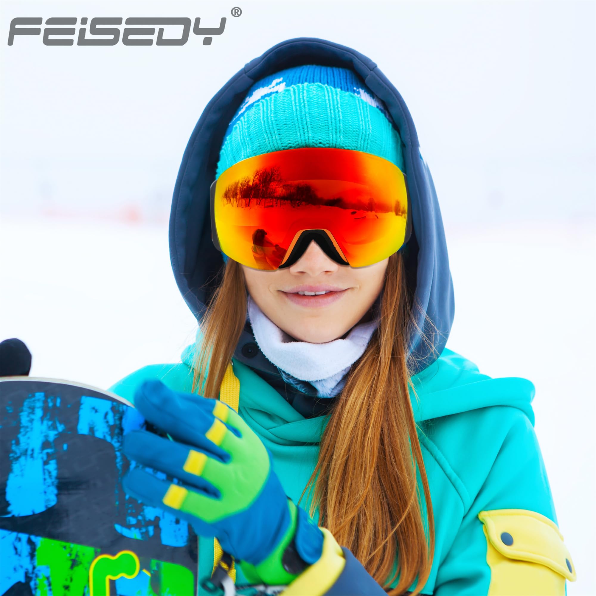 FEISEDY Magnetic Frameless Ski Goggles for Men, Women & Youth - 100% UV Protection Snowboard Goggles for Winter Sports & Outdoor Activities - Perfect for Skiing, Snowboarding & Mountain Adventures