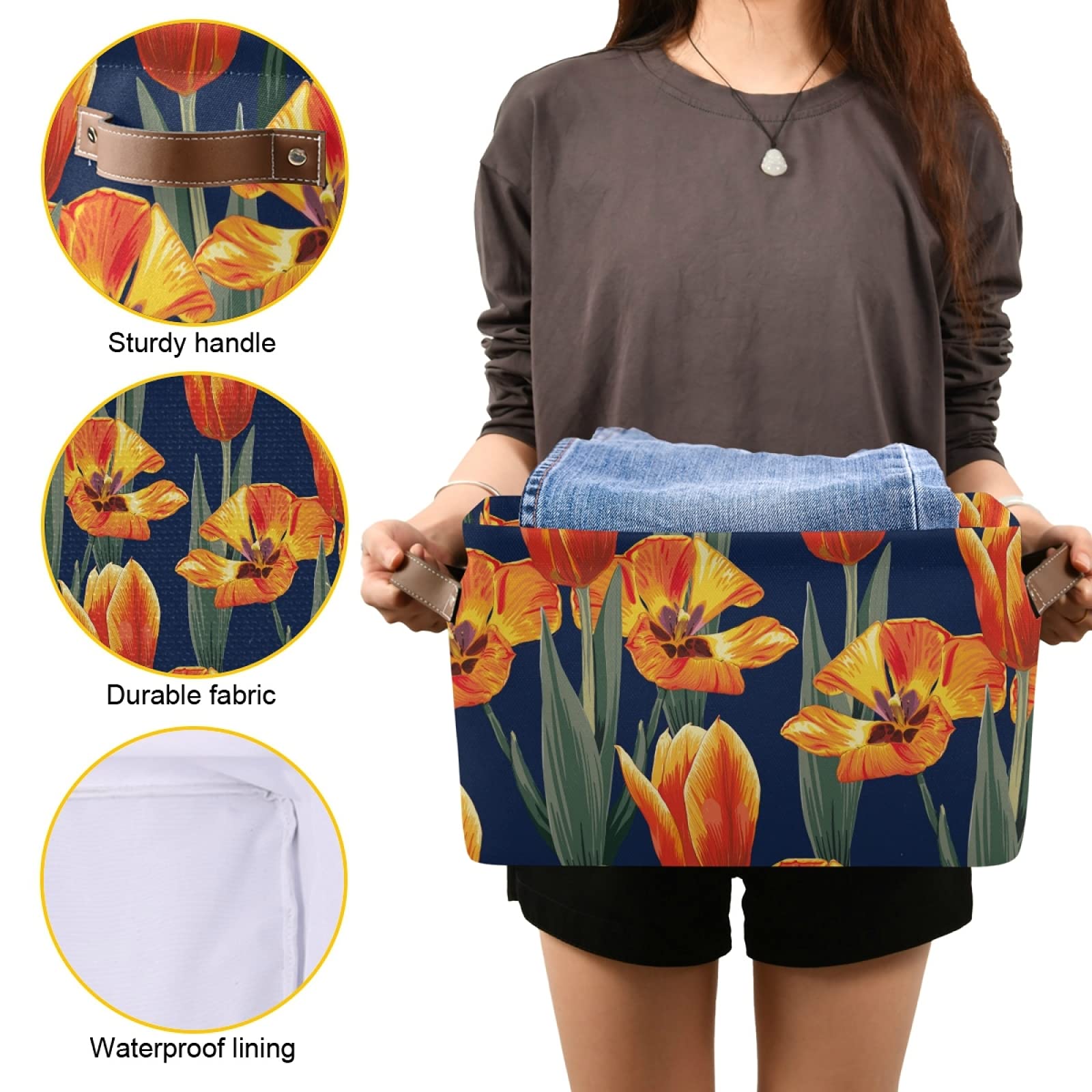 Susiyo Orange Tulips Storage Bins 2-Pack - 14x10 Inch Canvas Storage Baskets for Shelves & Closet Organization | Home Decor, Nursery, Laundry Room Storage Solutions