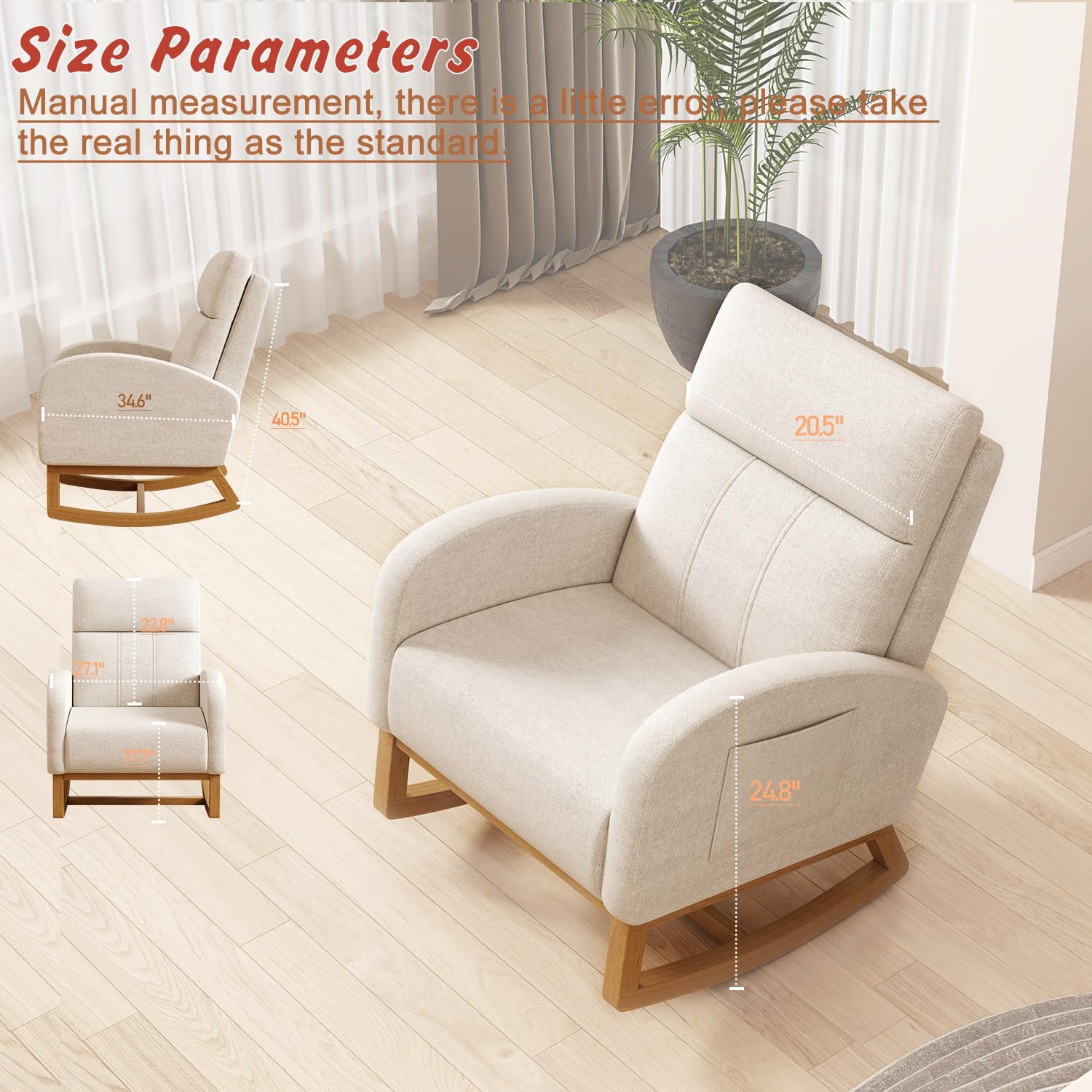 Comfy Upholstered Glider Rocking Chair with High Backrest & Side Pocket - Nursery Rocker, Bedroom Accent Chair & Living Room Armchair - Perfect for Breastfeeding, Reading & Relaxing (Cream)