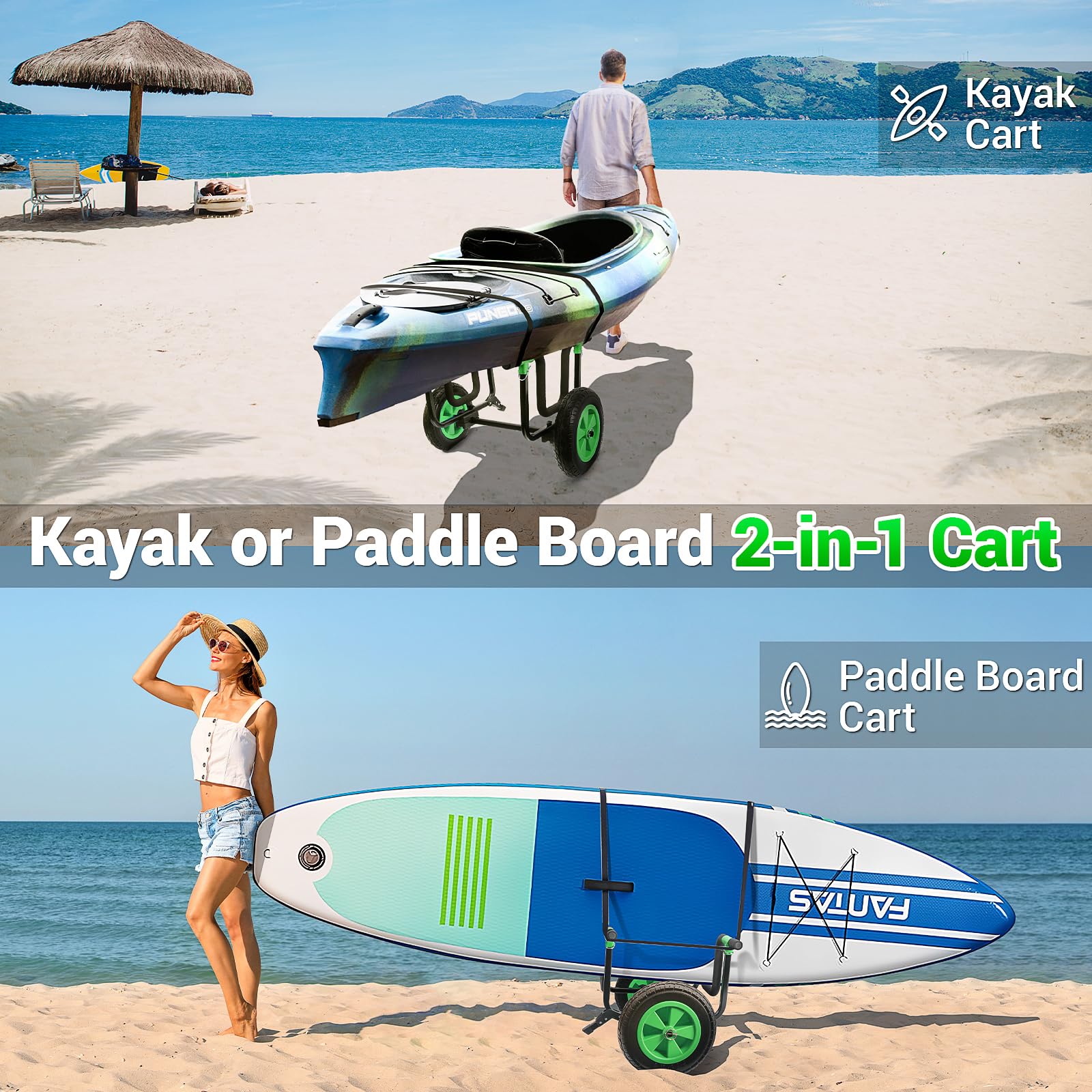 2 in 1 Kayak Cart & SUP Board Cart - Heavy Duty Kayak Trolley with Adjustable Bi-Directional Bunker Bars & 14