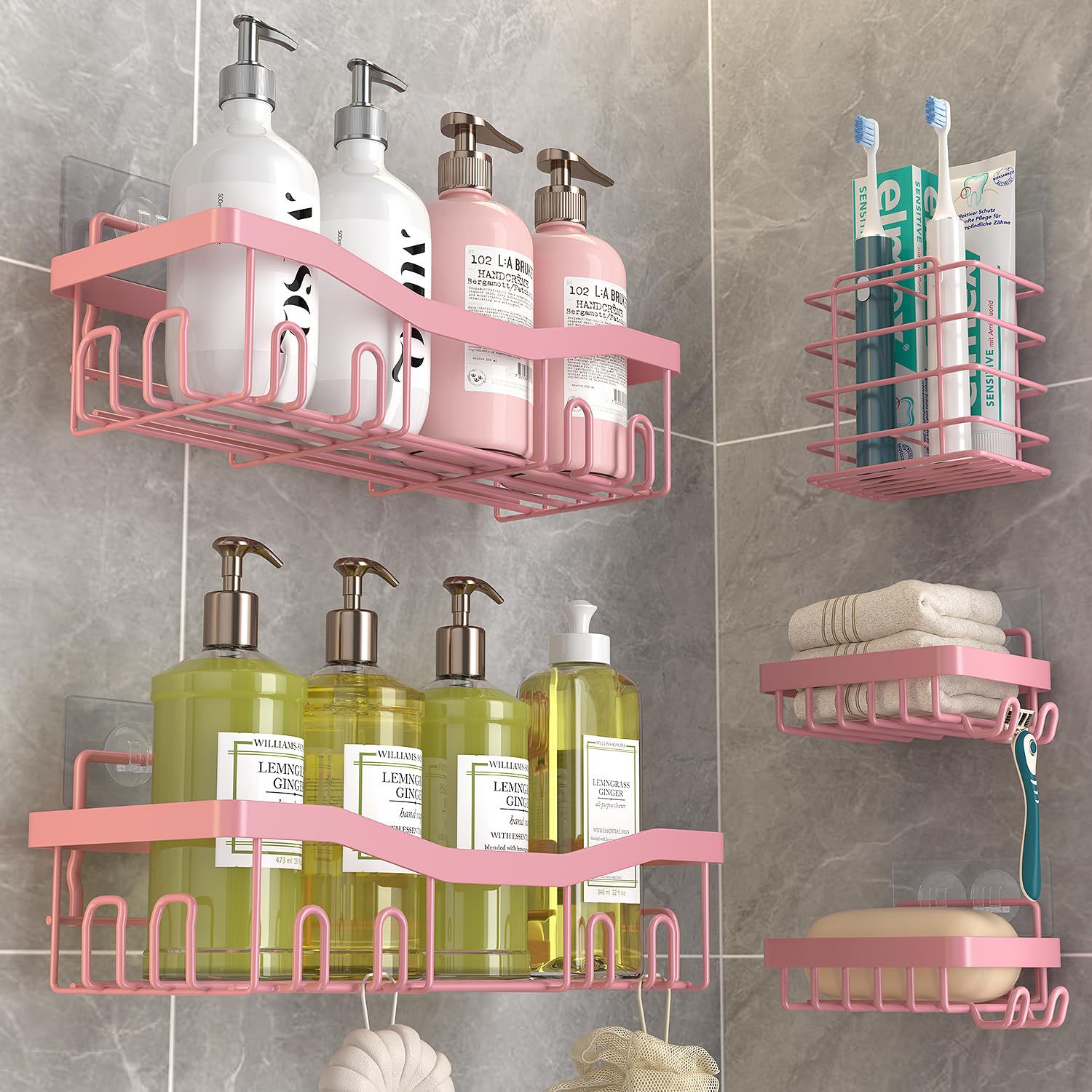 Rustproof Adhesive Shower Caddy 5 Pack - No Drilling Bathroom Organizer with Soap Holder & Toothbrush Holder - Pink Bathroom Accessories Set for Small Spaces, Dorm Rooms & Apartment Showers