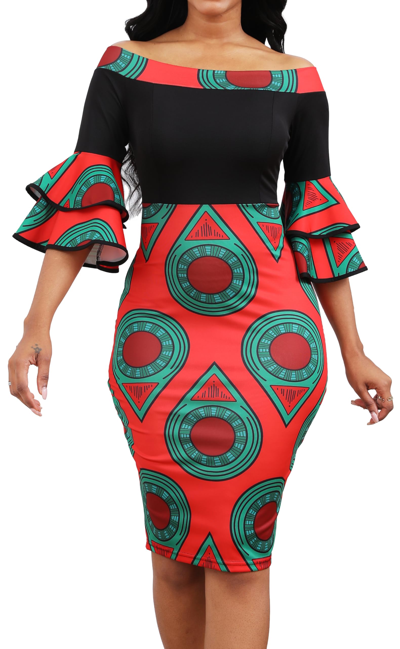 Sexy African Print Dress for Women - Elegant Off Shoulder Ruffled Sleeve Pencil Dress | Perfect for Date Night, Parties & Special Occasions