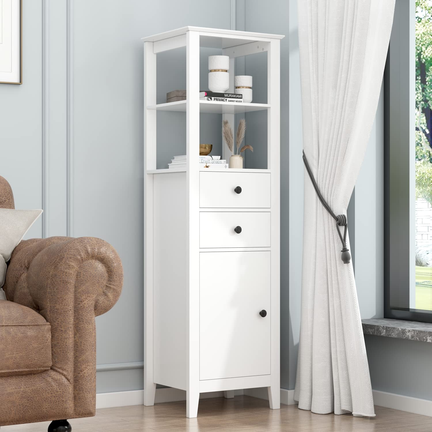White Tall Storage Cabinet with Drawers, Shelves & Door - Adjustable Shelf Bathroom Floor Cabinet, Freestanding Tower Organizer for Living Room, Bedroom & Kitchen - Perfect for Bathroom Essentials, Bedroom Clothes Storage & Kitchen Organization