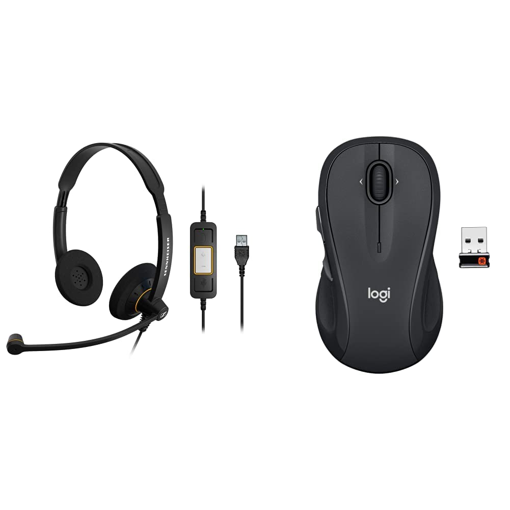 Sennheiser SC 60 USB ML Professional Headset & Logitech M510 Wireless Mouse with USB Receiver - Black & Graphite Combo for PC, Laptop, Office, Gaming, and Video Conferencing