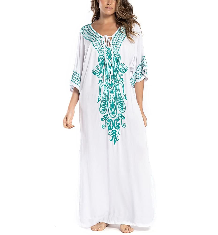 Women's Embroidered Beach Cover Up Kaftan - Short Sleeve Bikini Dress with Long Side Split for Poolside, Vacation, and Summer Outings
